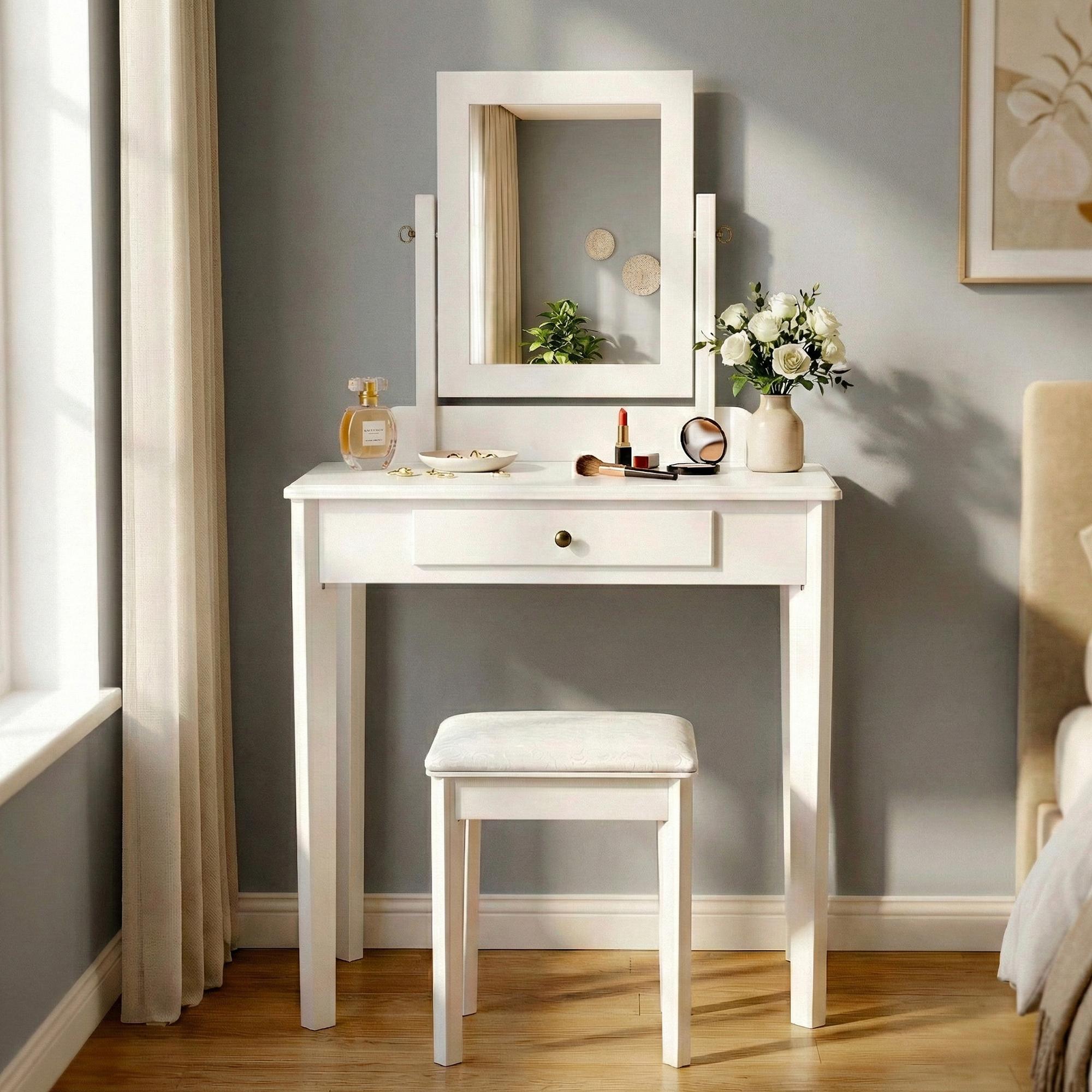 CLP Schminktisch Set mit Hocker und Spiegel Velia, Kosmetiktisch mit Schublade, Sitz gepolstert, Gestell aus Pappelholz 