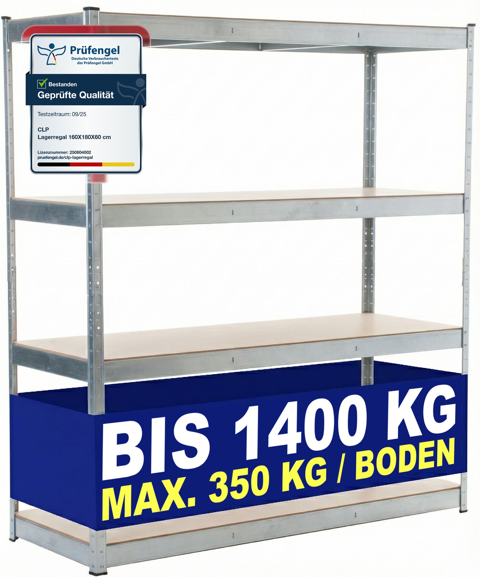 CLP Schwerlastregal 60 cm tief 160 cm breit, Steckregal Metall f&uuml;r Keller und Garage, Lagerregal bis 2400 kg mit 4 MDF-Platten bis je 600 kg 