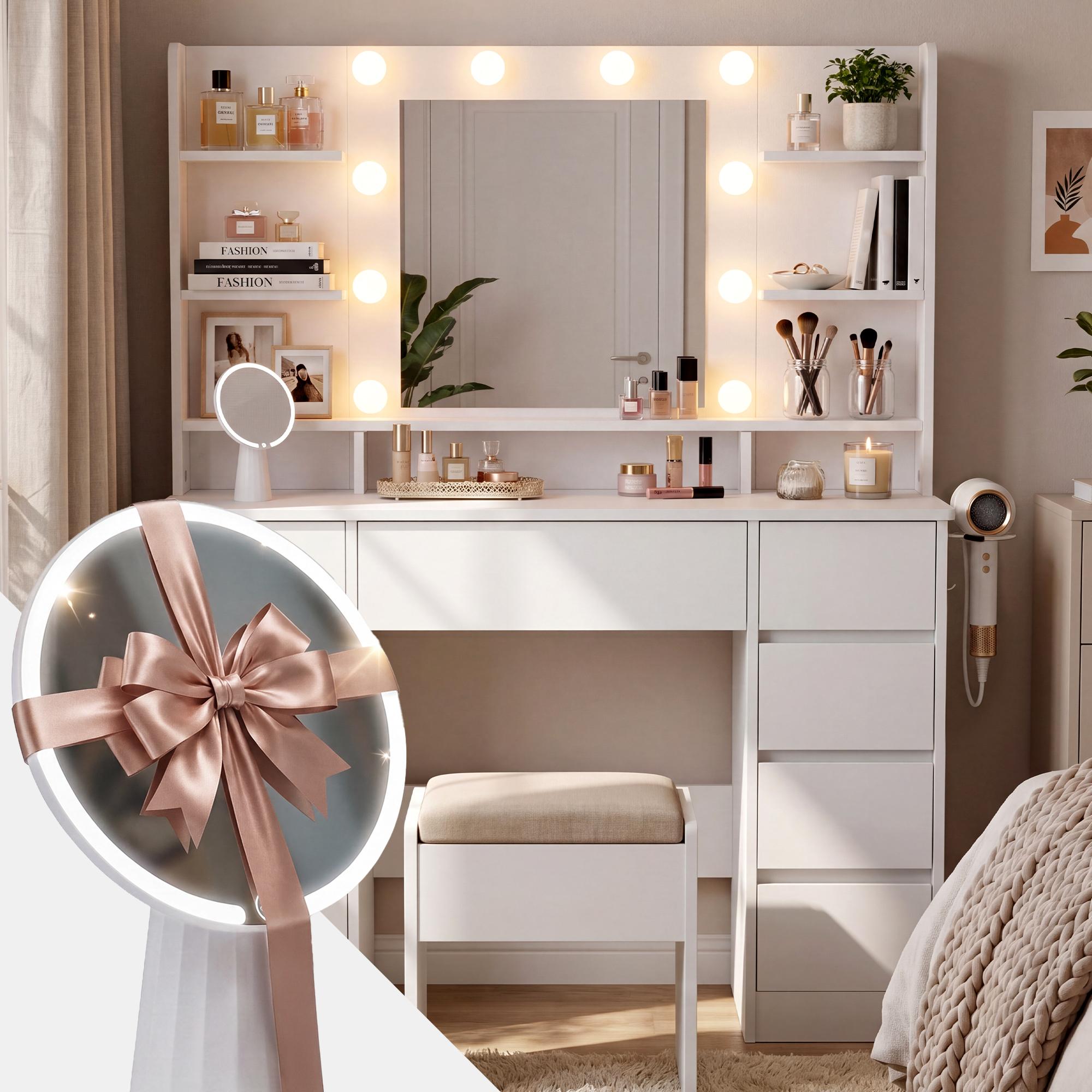 CLP Schminktisch mit Beleuchtung, Hollywoodspiegel mit dimmbarer LED, Frisiertisch Pretty inkl. Kosmetikspiegel und F&ouml;hnhalterung, 9 Schubladen 