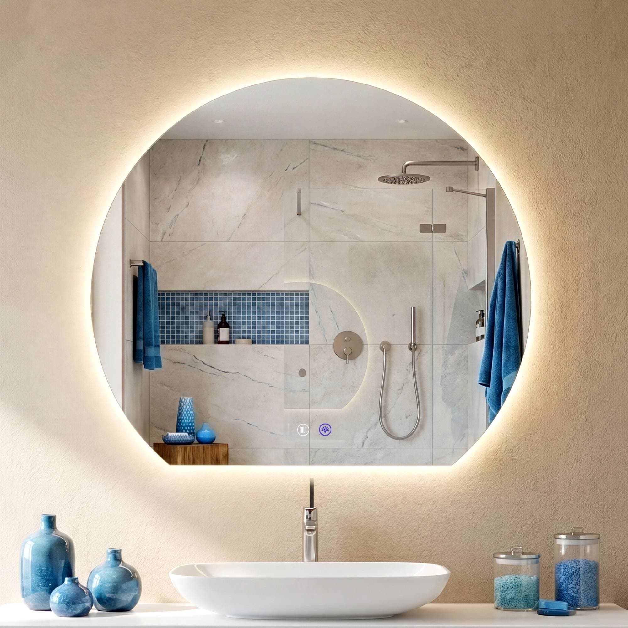 CLP Badspiegel mit LED-Beleuchtung halbrund, Badezimmerspiegel mit Touch-Dimmer, 3 Lichtfarben, beschlagfrei, rahmenloser Wandspiegel Baloni 