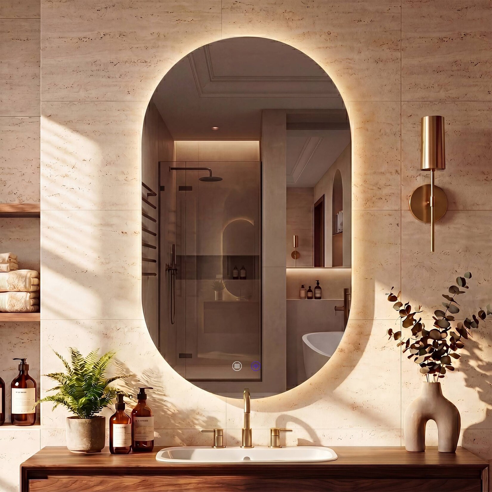 CLP Badspiegel mit LED-Beleuchtung oval, Badezimmerspiegel mit Touch-Dimmer, 3 Lichtfarben, beschlagfrei, rahmenloser Wandspiegel Barbora