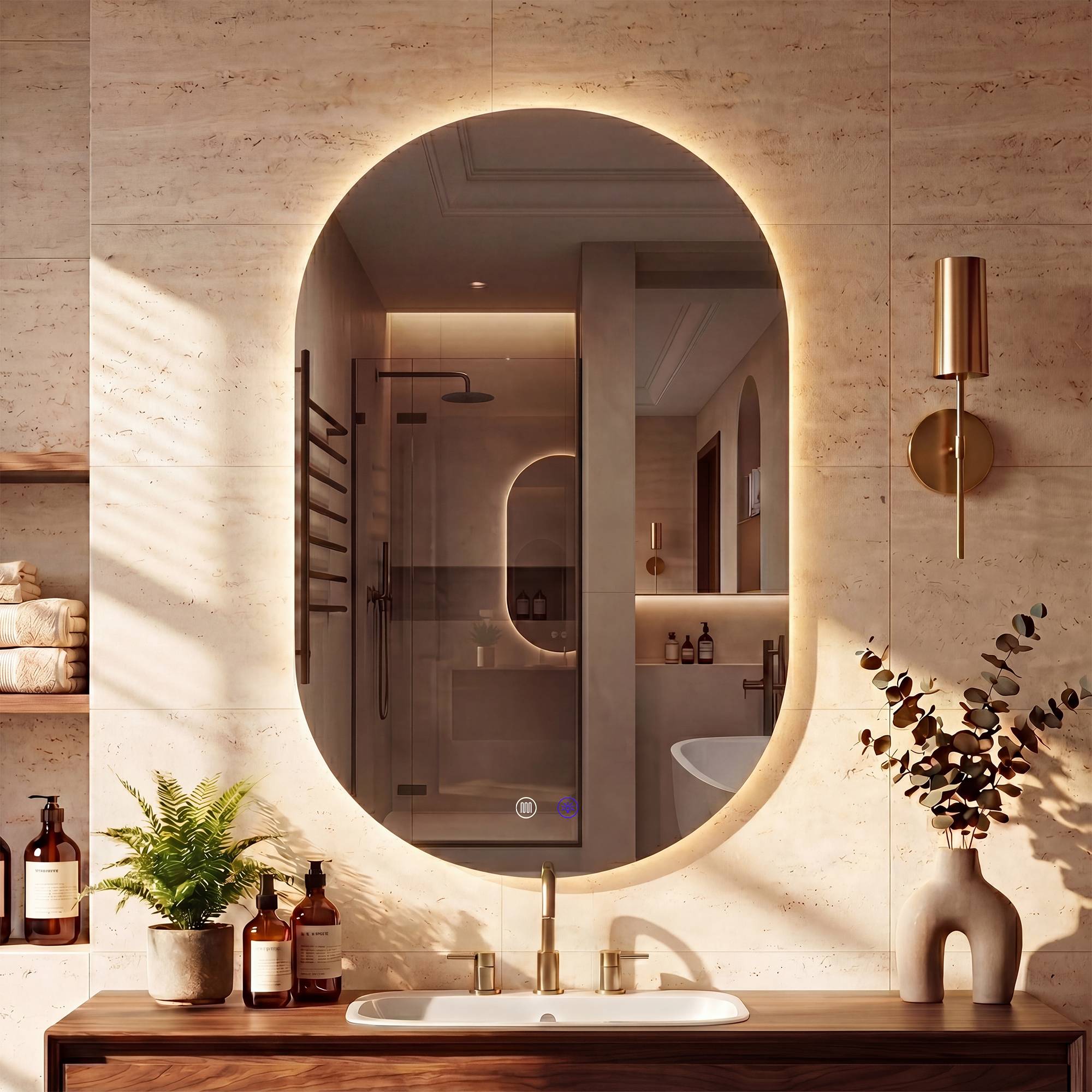CLP Badspiegel mit LED-Beleuchtung oval, Badezimmerspiegel mit Touch-Dimmer, 3 Lichtfarben, beschlagfrei, rahmenloser Wandspiegel Barbora 