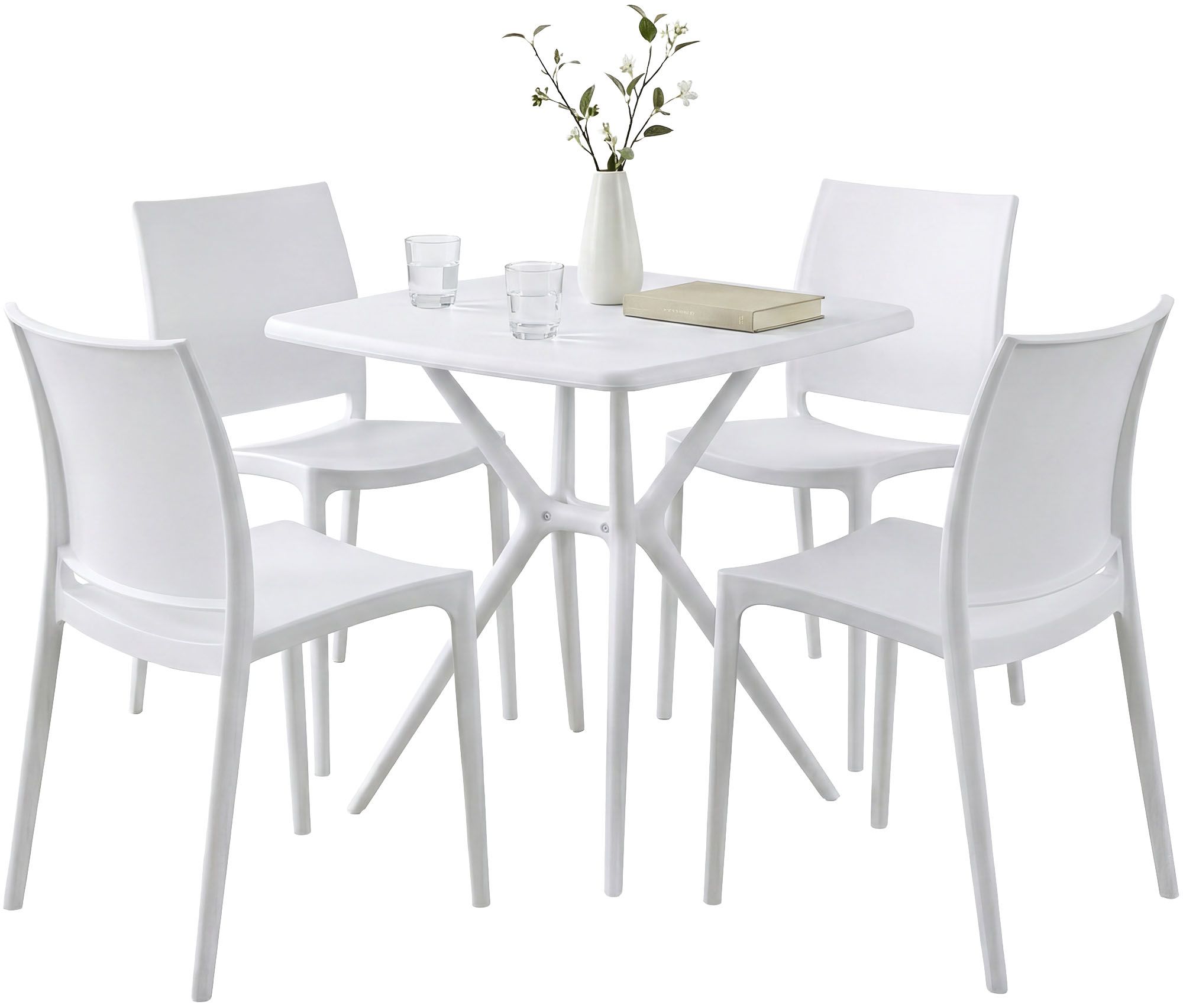 CLP Gartenm&ouml;bel Set stapelbar Amino mit 4 St&uuml;hlen und Tisch, Gartenst&uuml;hle wetterfest aus Kunststoff, Essgruppe f&uuml;r Garten, Terrasse und Balkon 