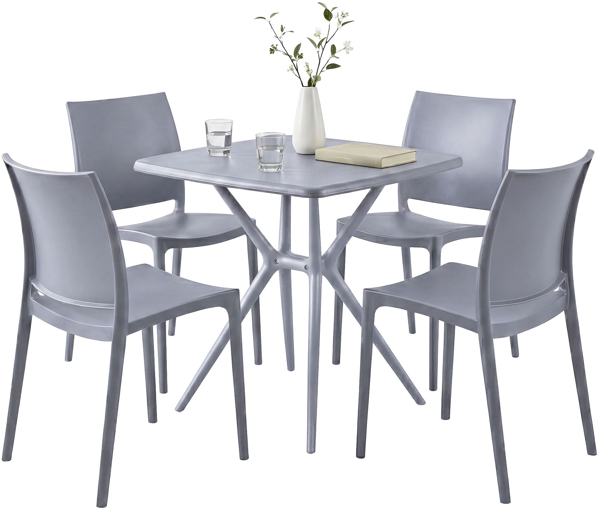 CLP Gartenm&ouml;bel Set stapelbar Amino mit 4 St&uuml;hlen und Tisch, Gartenst&uuml;hle wetterfest aus Kunststoff, Essgruppe f&uuml;r Garten, Terrasse und Balkon 