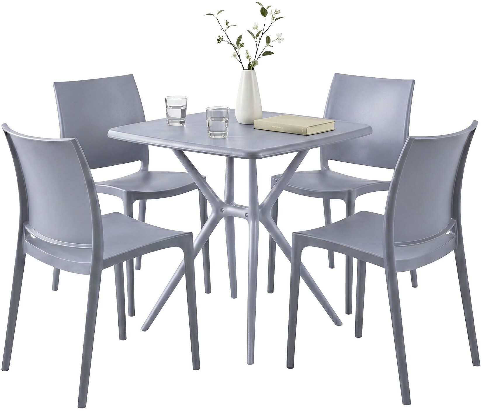 CLP Gartenmöbel Set stapelbar Amino mit 4 Stühlen und Tisch, Gartenstühle wetterfest aus Kunststoff, Essgruppe für Garten, Terrasse und Balkon