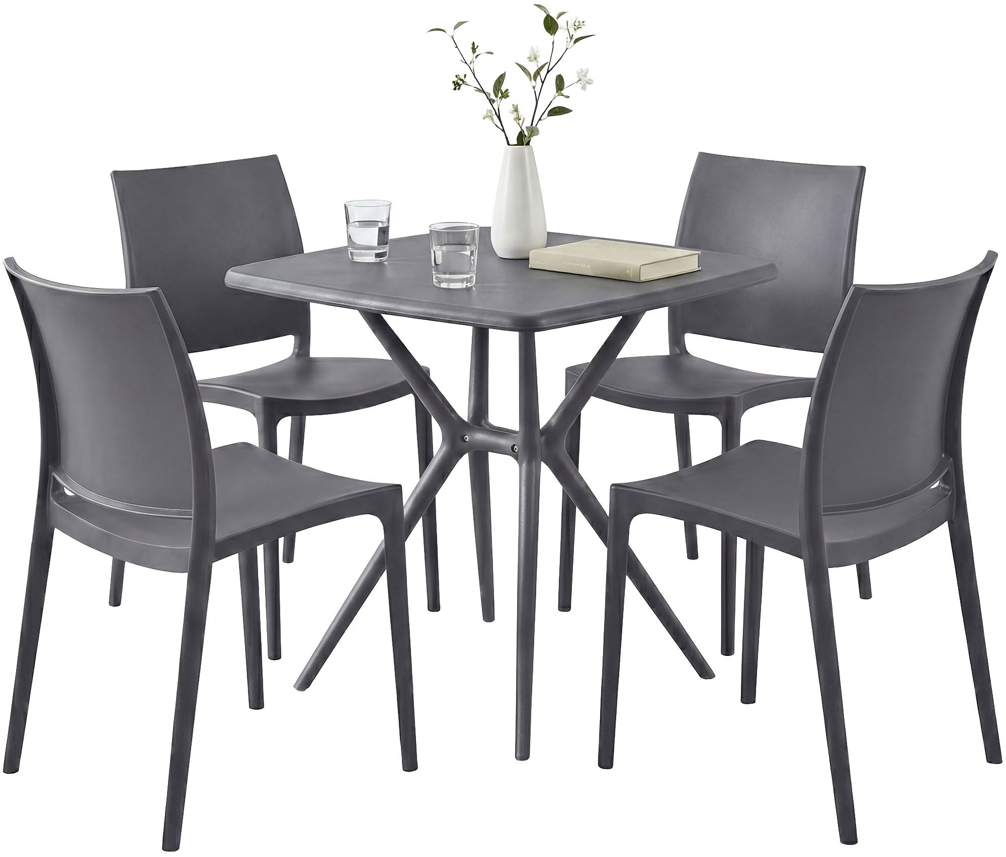CLP Gartenm&ouml;bel Set stapelbar Amino mit 4 St&uuml;hlen und Tisch, Gartenst&uuml;hle wetterfest aus Kunststoff, Essgruppe f&uuml;r Garten, Terrasse und Balkon 