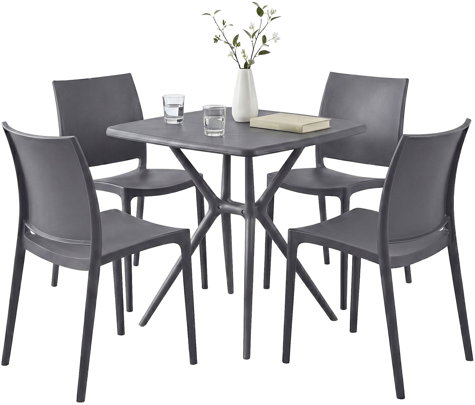 CLP Gartenmöbel Set stapelbar Amino mit 4 Stühlen und Tisch, Gartenstühle wetterfest aus Kunststoff, Essgruppe für Garten, Terrasse und Balkon