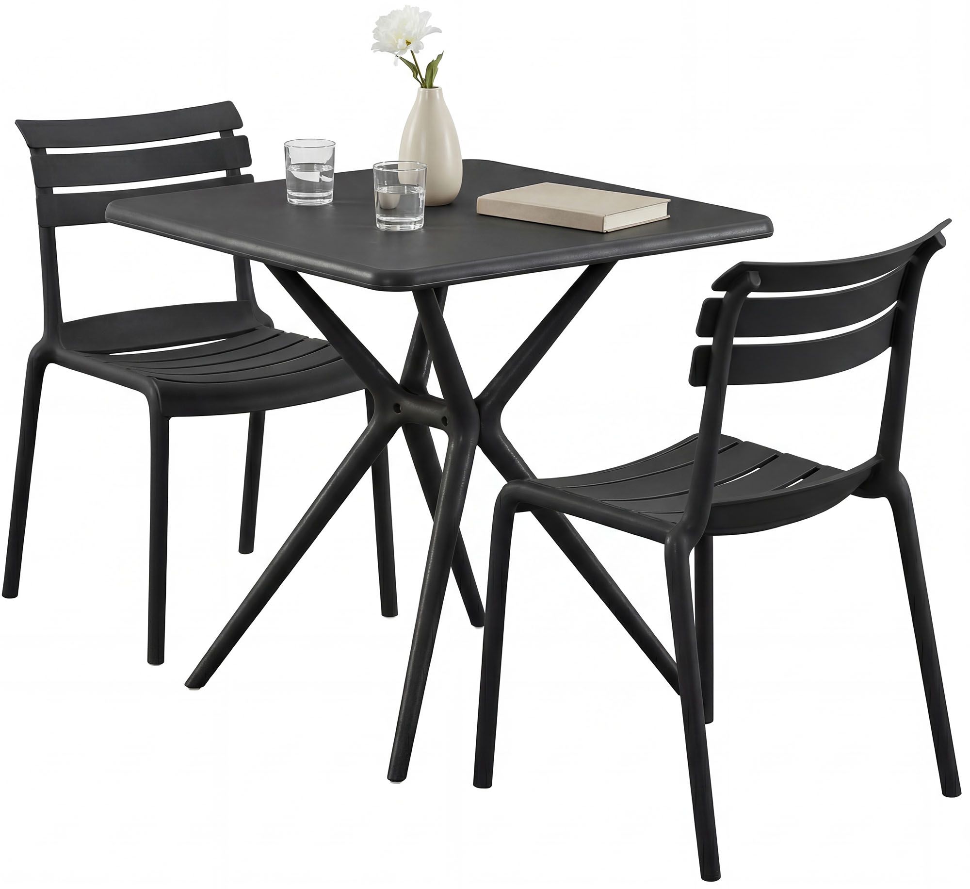 CLP Gartenm&ouml;bel-Set wetterfest Vela, mit 2 Stapelst&uuml;hlen und quadratischem Esstisch 72x72cm, Sitzgruppe f&uuml;r Balkon, Terrasse und Garten 