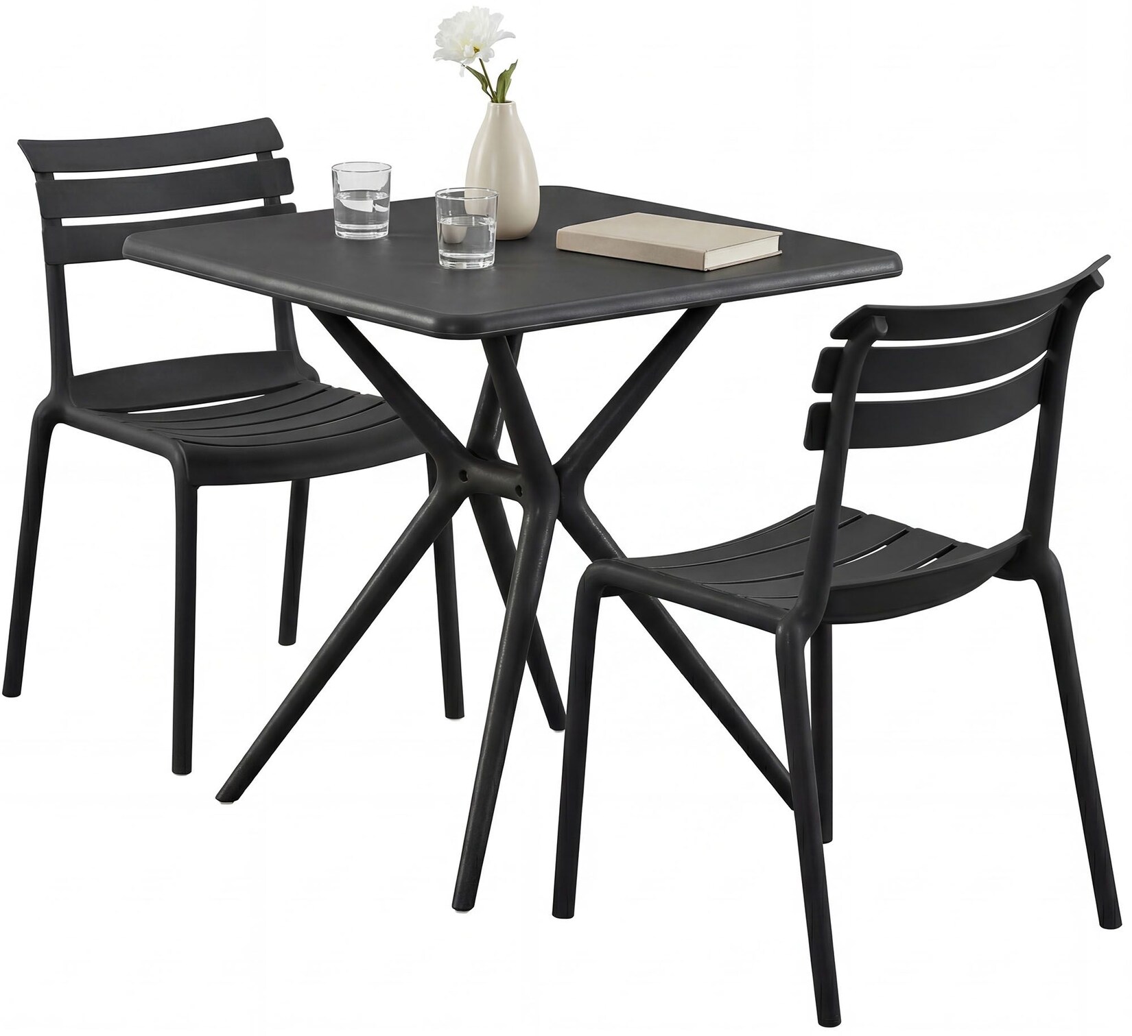 CLP Gartenmöbel-Set wetterfest Vela, mit 2 Stapelstühlen und quadratischem Esstisch 72x72cm, Sitzgruppe für Balkon, Terrasse und Garten