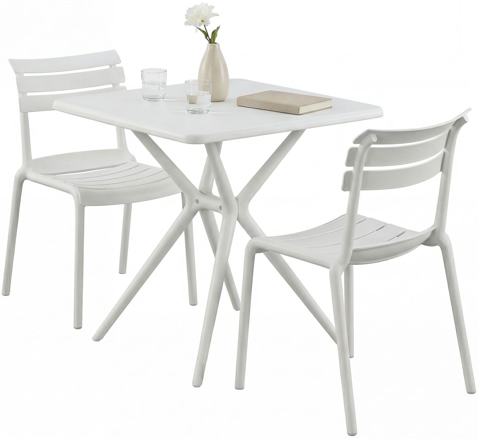 CLP Gartenmöbel-Set wetterfest Vela, mit 2 Stapelstühlen und quadratischem Esstisch 72x72cm, Sitzgruppe für Balkon, Terrasse und Garten