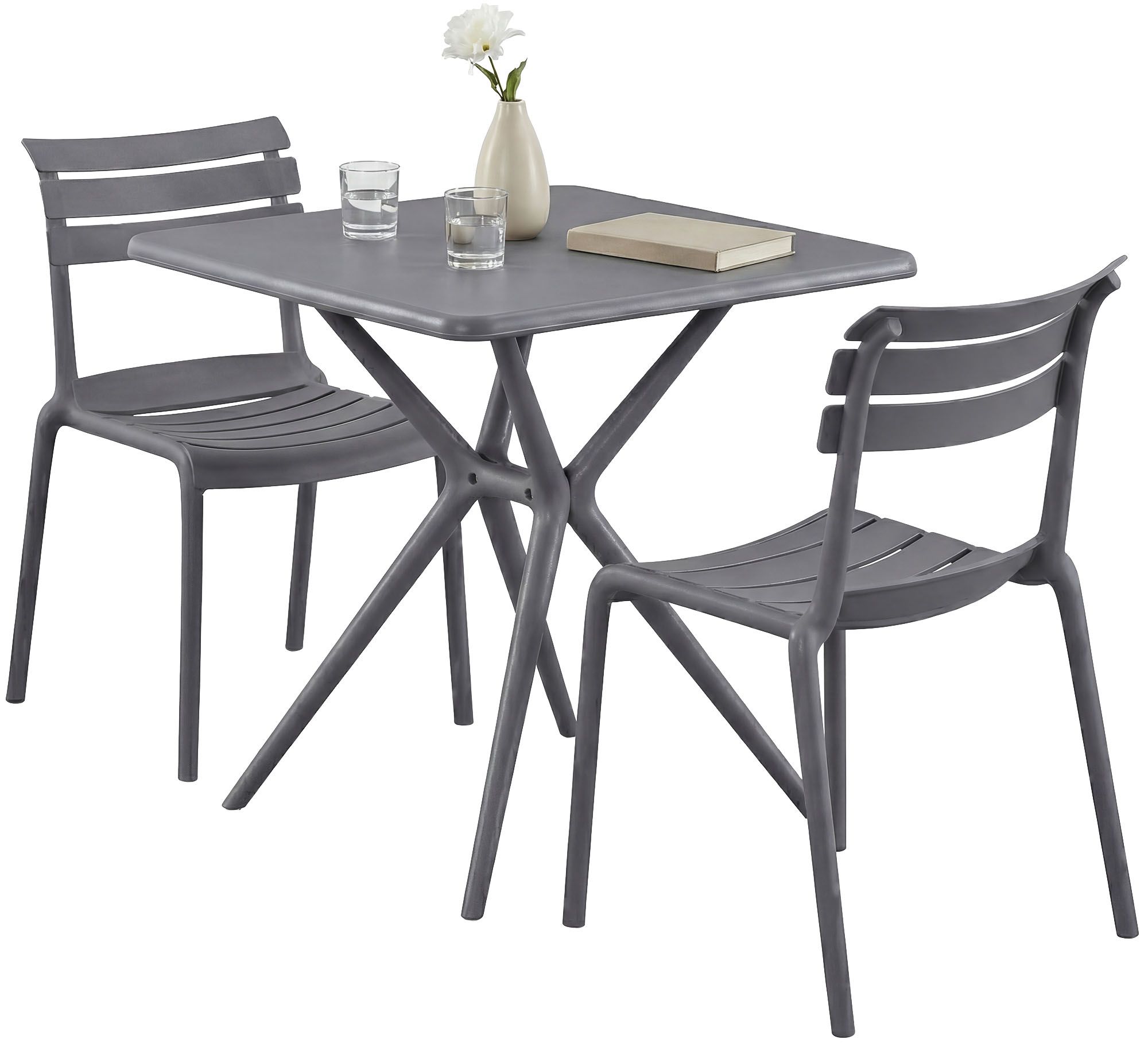CLP Gartenm&ouml;bel-Set wetterfest Vela, mit 2 Stapelst&uuml;hlen und quadratischem Esstisch 72x72cm, Sitzgruppe f&uuml;r Balkon, Terrasse und Garten 