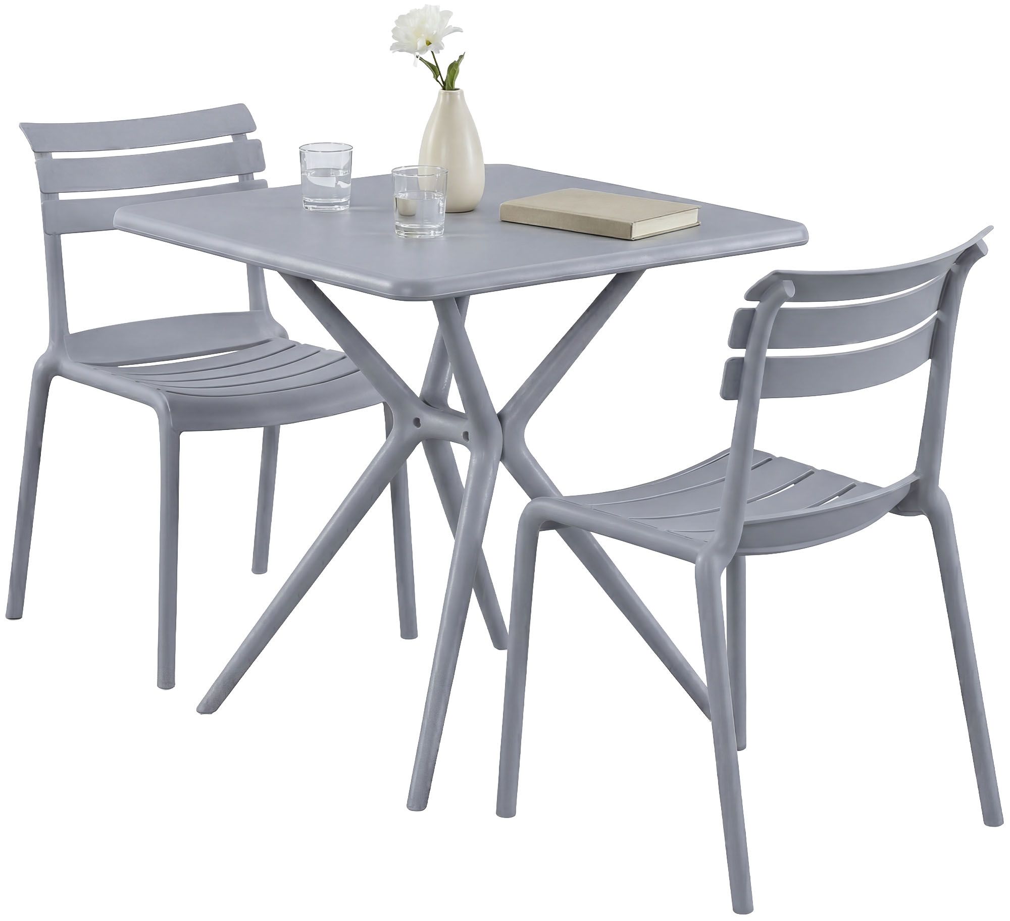CLP Gartenm&ouml;bel-Set wetterfest Vela, mit 2 Stapelst&uuml;hlen und quadratischem Esstisch 72x72cm, Sitzgruppe f&uuml;r Balkon, Terrasse und Garten 