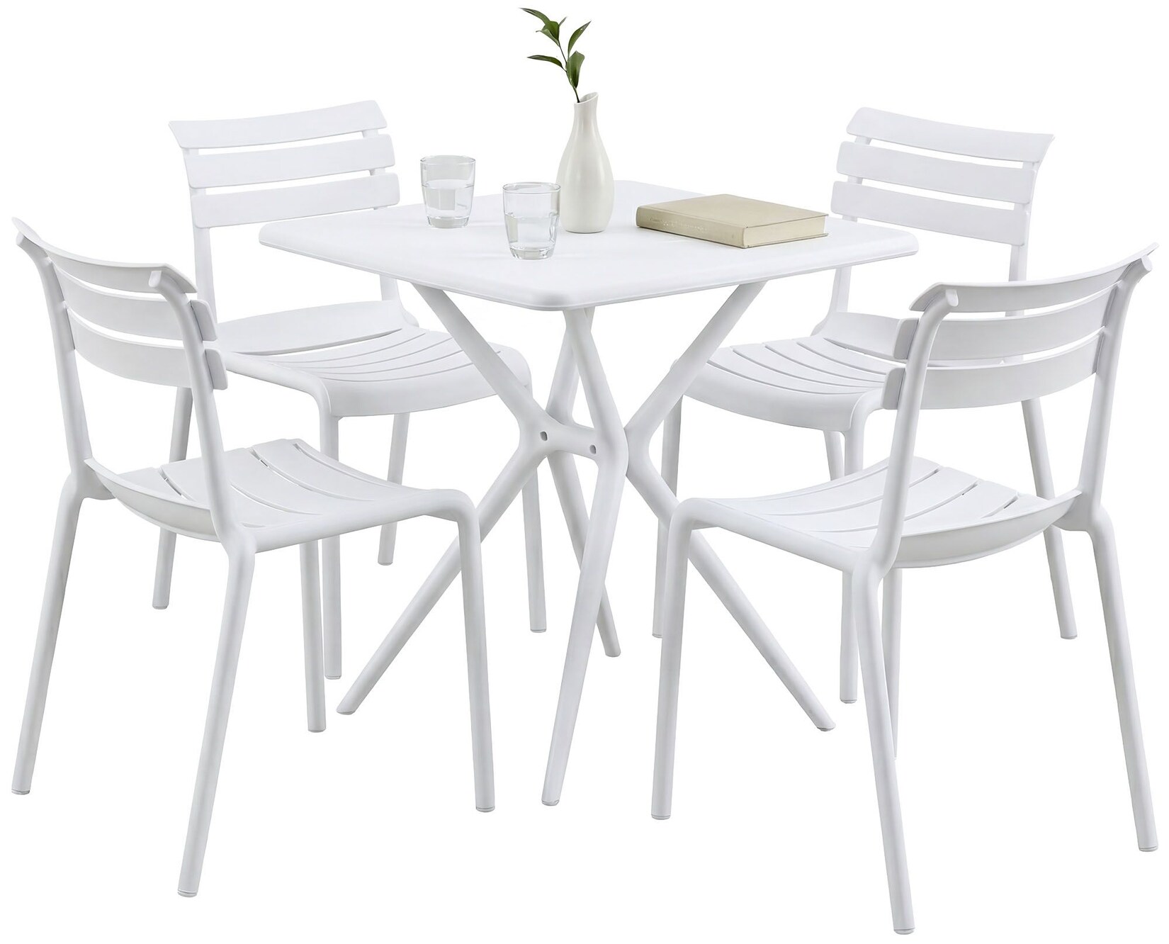 CLP Gartenmöbel-Set wetterfest Vela, mit 4 Stapelstühlen und quadratischem Esstisch 72x72cm, Sitzgruppe für Balkon, Terrasse und Garten