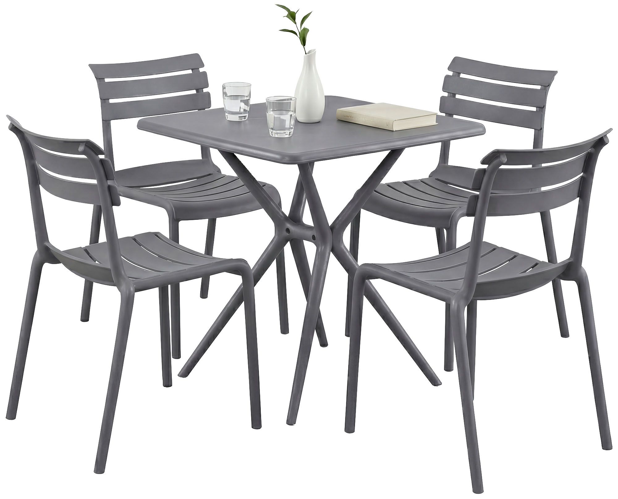 CLP Gartenm&ouml;bel-Set wetterfest Vela, mit 4 Stapelst&uuml;hlen und quadratischem Esstisch 72x72cm, Sitzgruppe f&uuml;r Balkon, Terrasse und Garten 