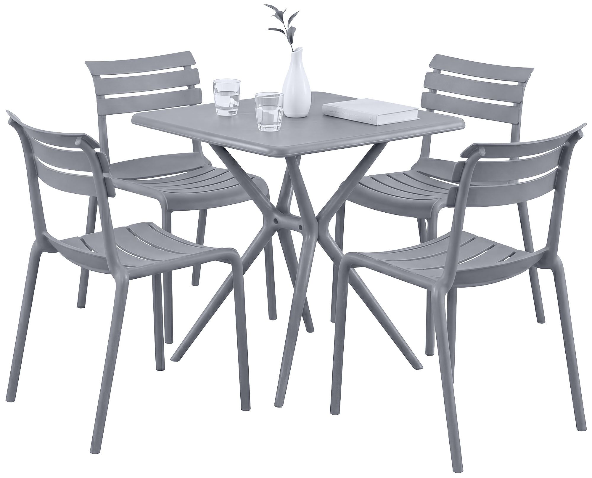 CLP Gartenm&ouml;bel-Set wetterfest Vela, mit 4 Stapelst&uuml;hlen und quadratischem Esstisch 72x72cm, Sitzgruppe f&uuml;r Balkon, Terrasse und Garten 