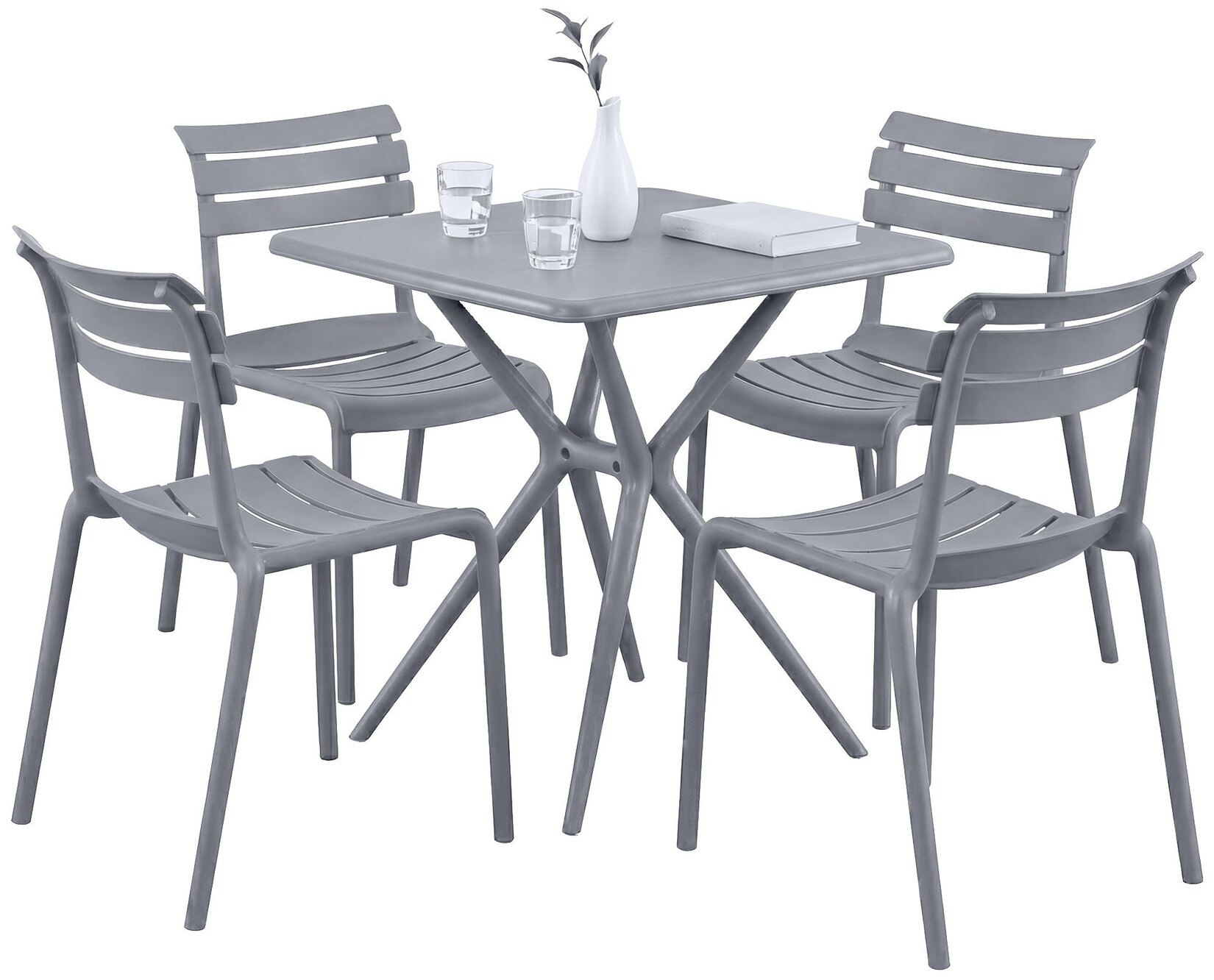 CLP Gartenmöbel-Set wetterfest Vela, mit 4 Stapelstühlen und quadratischem Esstisch 72x72cm, Sitzgruppe für Balkon, Terrasse und Garten