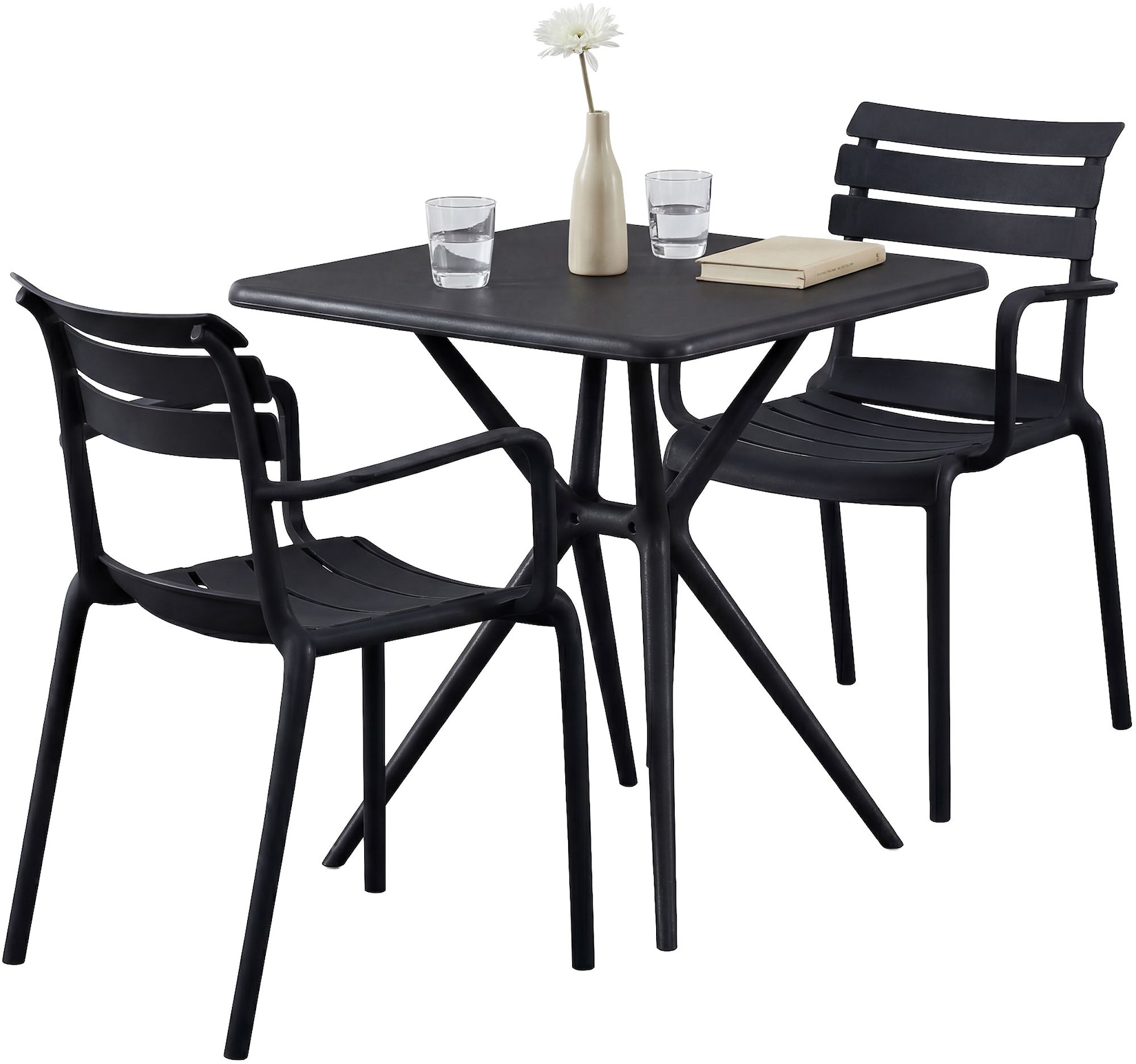 CLP Gartenmöbel-Set wetterfest Avena, mit 2 Stapelstühlen und quadratischem Esstisch 72x72cm, Sitzgruppe für Balkon, Terrasse und Garten