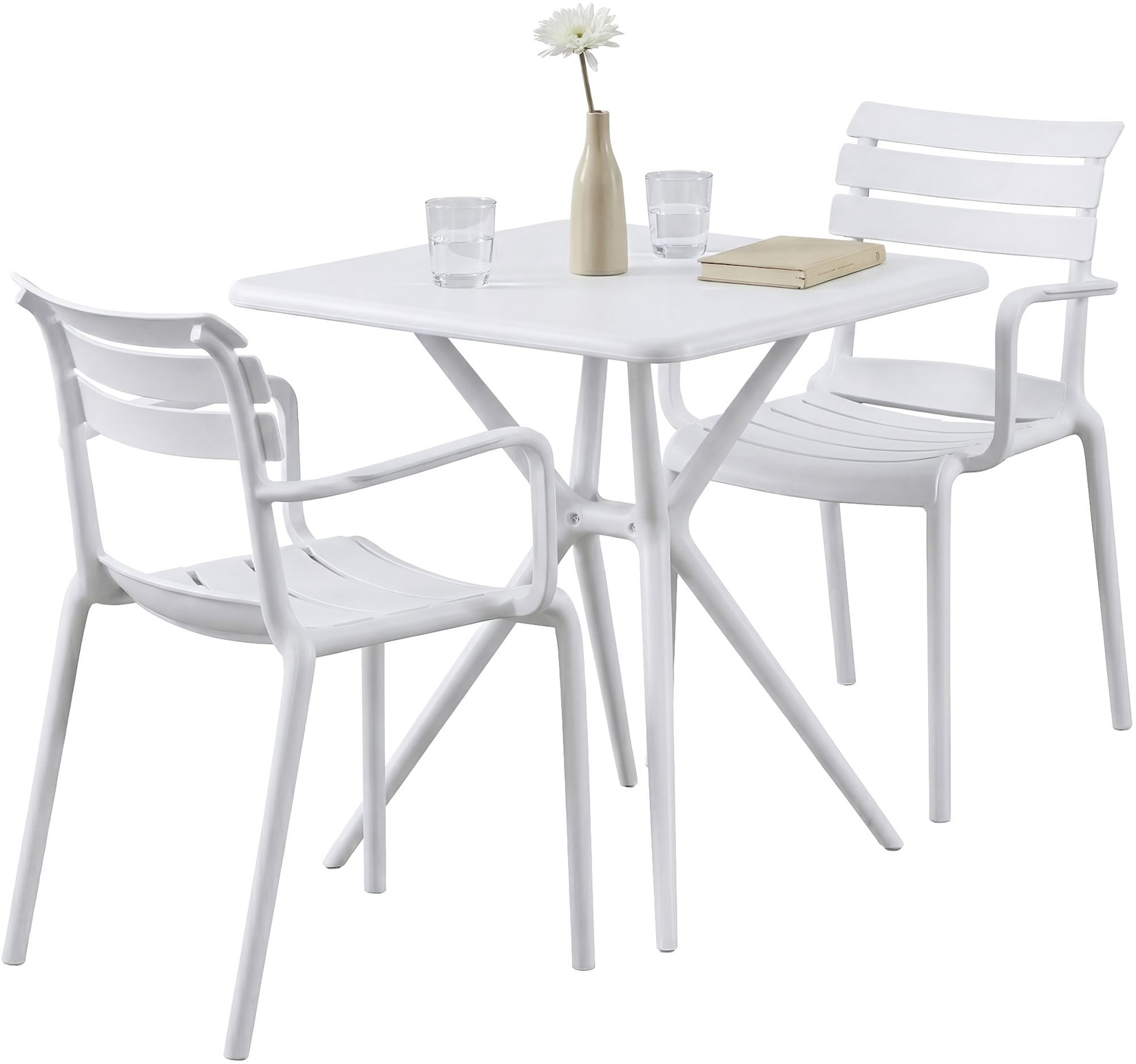 CLP Gartenmöbel-Set wetterfest Avena, mit 2 Stapelstühlen und quadratischem Esstisch 72x72cm, Sitzgruppe für Balkon, Terrasse und Garten