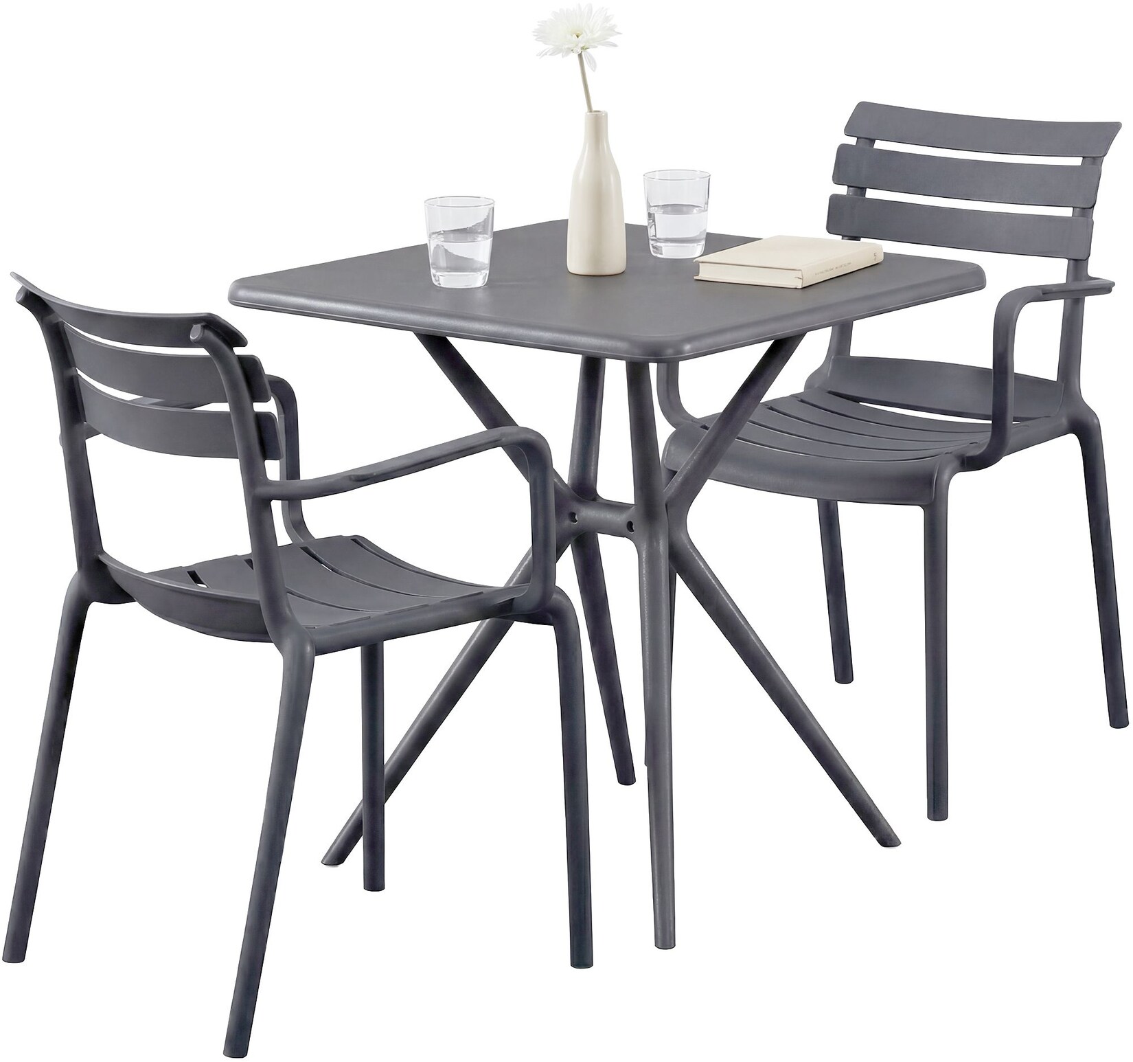 CLP Gartenmöbel-Set wetterfest Avena, mit 2 Stapelstühlen und quadratischem Esstisch 72x72cm, Sitzgruppe für Balkon, Terrasse und Garten