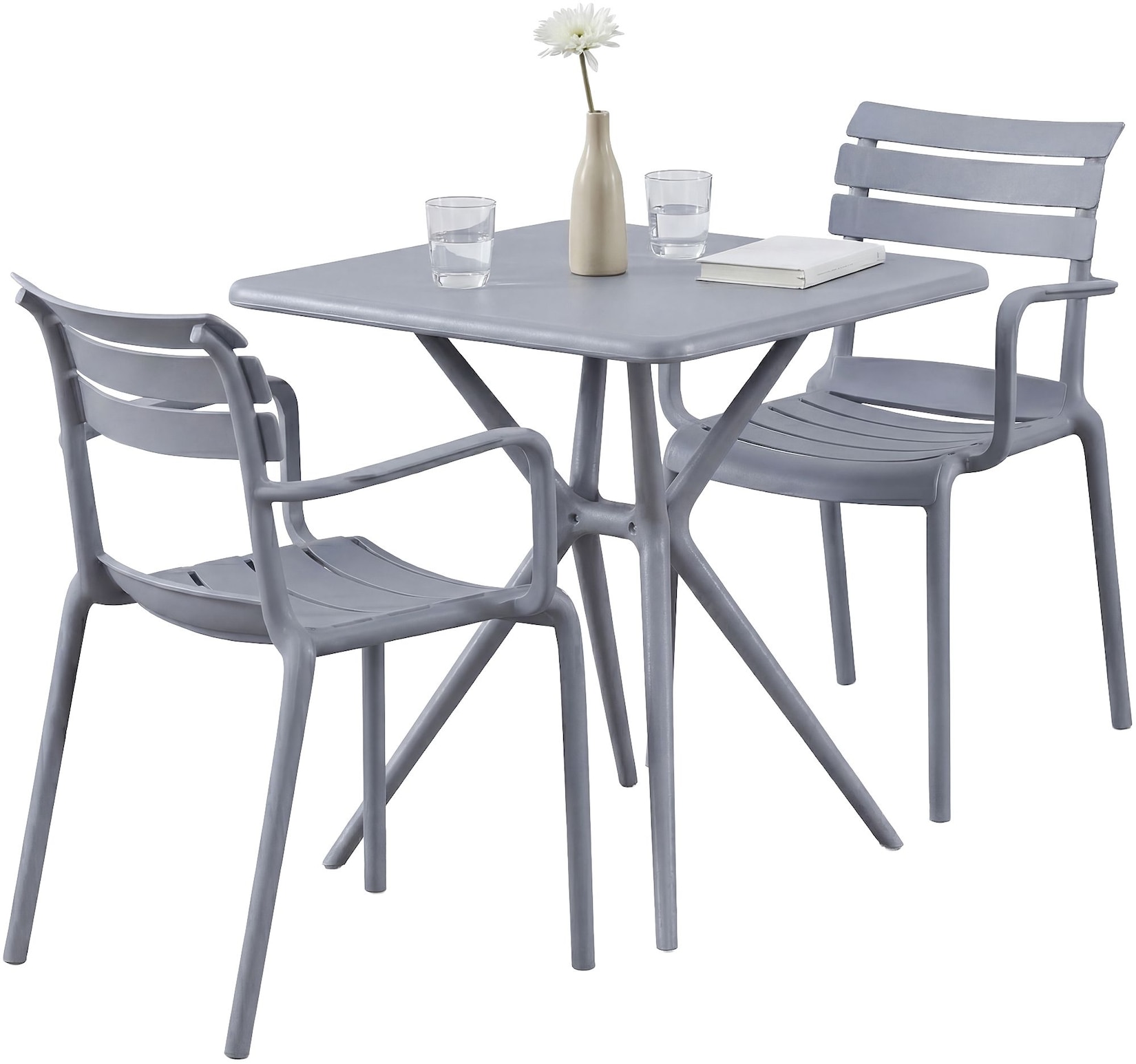 CLP Gartenmöbel-Set wetterfest Avena, mit 2 Stapelstühlen und quadratischem Esstisch 72x72cm, Sitzgruppe für Balkon, Terrasse und Garten