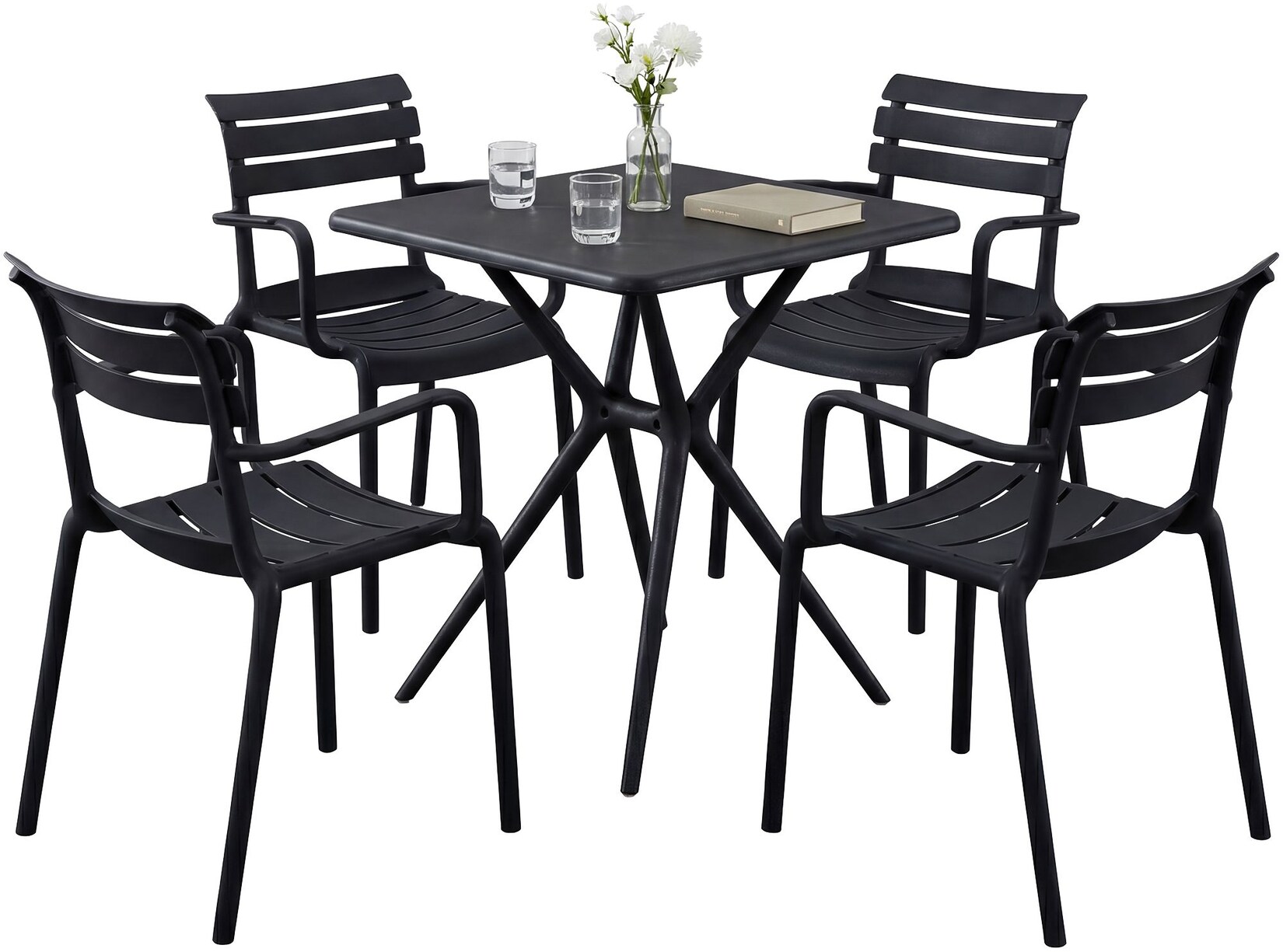 CLP Gartenmöbel-Set wetterfest Avena, mit 4 Stapelstühlen und quadratischem Esstisch 72x72cm, Sitzgruppe für Balkon, Terrasse und Garten