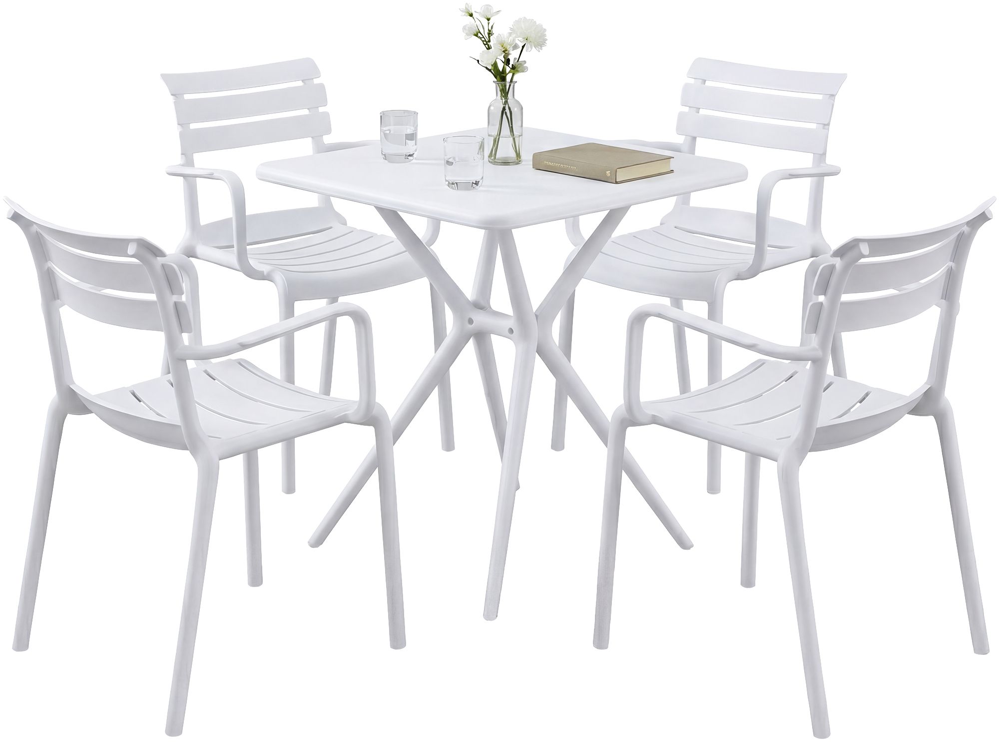CLP Gartenm&ouml;bel-Set wetterfest Avena, mit 4 Stapelst&uuml;hlen und quadratischem Esstisch 72x72cm, Sitzgruppe f&uuml;r Balkon, Terrasse und Garten 