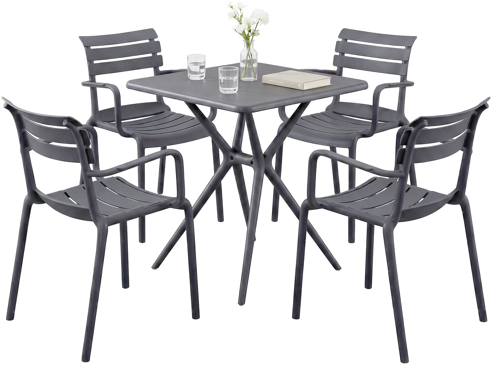 CLP Gartenmöbel-Set wetterfest Avena, mit 4 Stapelstühlen und quadratischem Esstisch 72x72cm, Sitzgruppe für Balkon, Terrasse und Garten