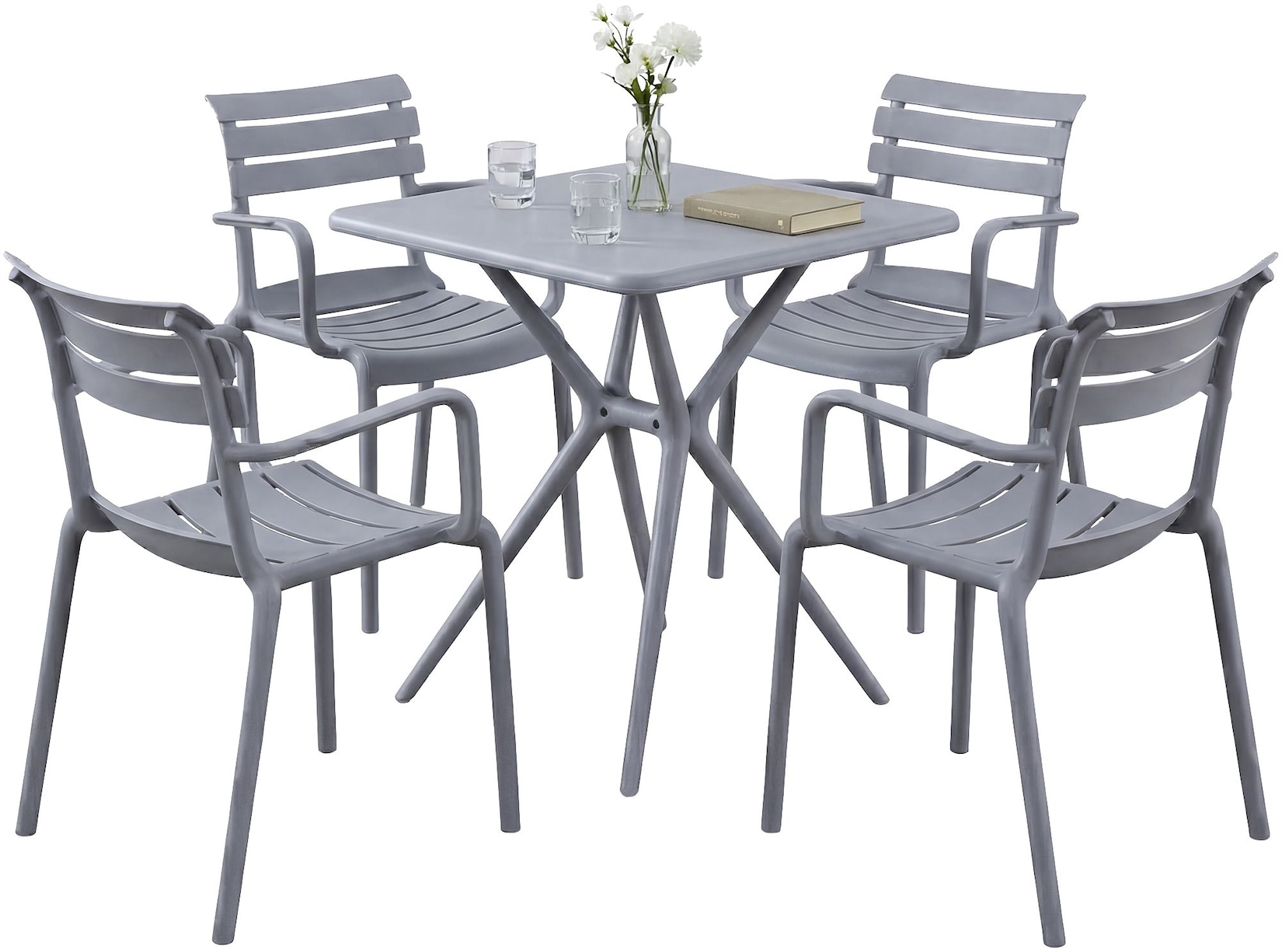 CLP Gartenmöbel-Set wetterfest Avena, mit 4 Stapelstühlen und quadratischem Esstisch 72x72cm, Sitzgruppe für Balkon, Terrasse und Garten