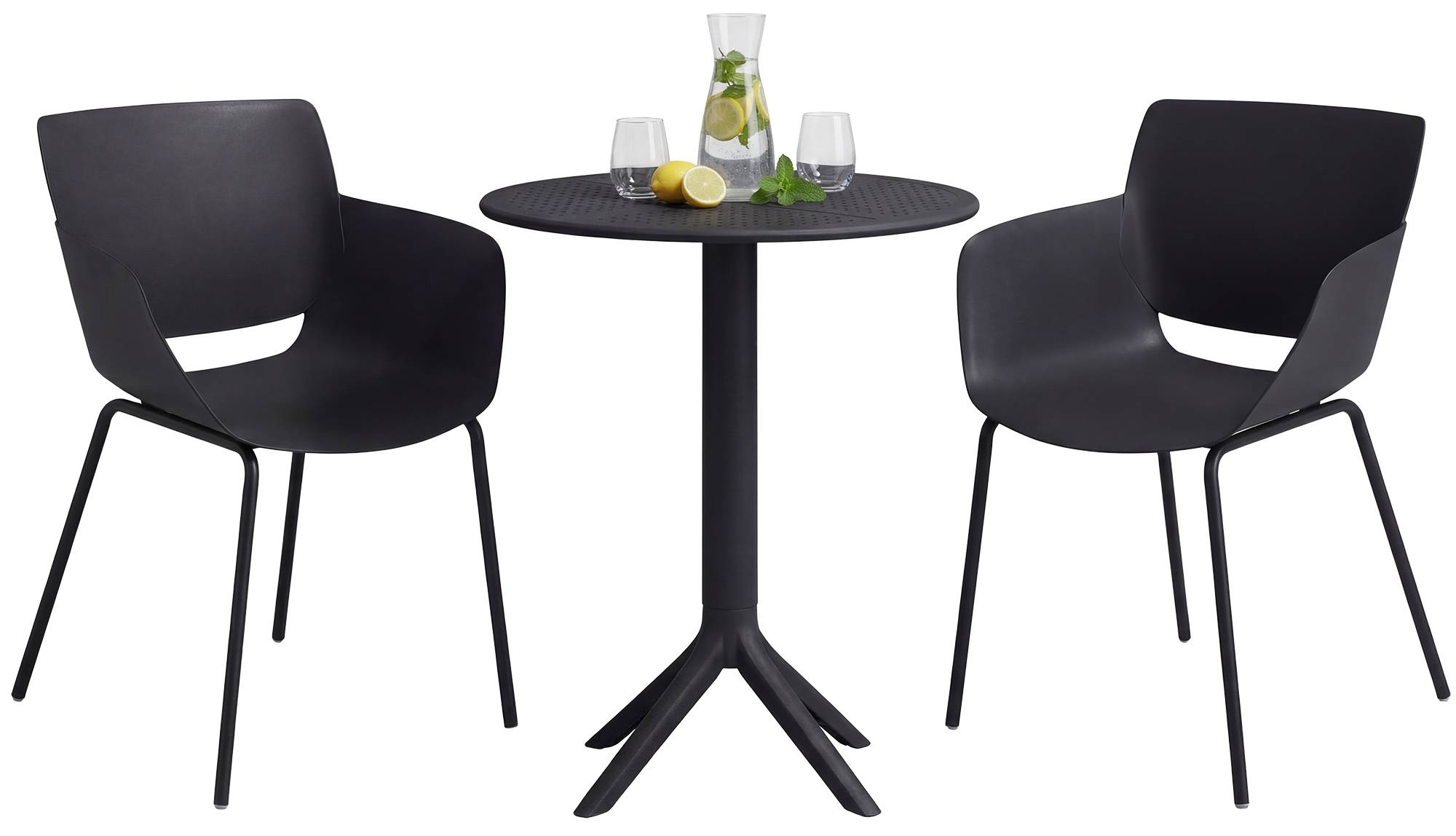 CLP Gartenm&ouml;bel-Set wetterfest Siora, 2 Bistrost&uuml;hle und Esstisch rund 60 cm, Sitzgruppe f&uuml;r Balkon, Terrasse und Garten 