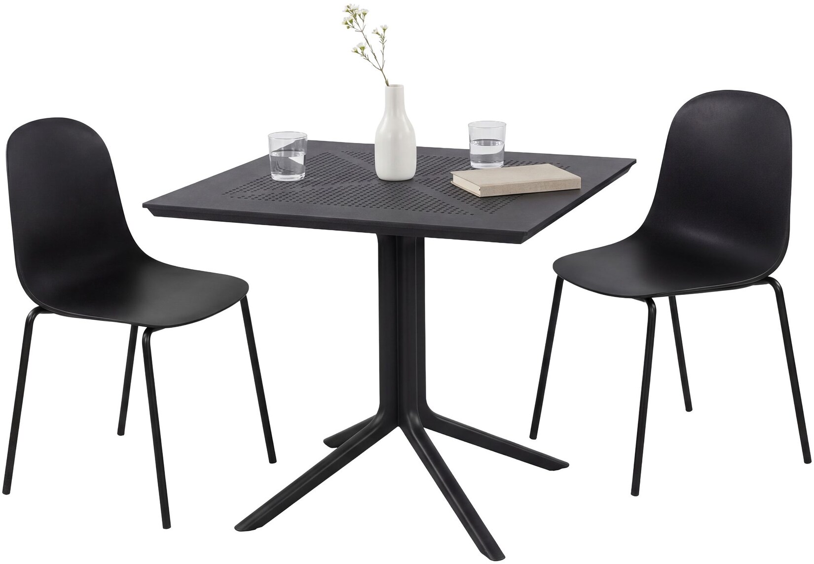 CLP Gartenmöbel-Set wetterfest Zeron, mit 2 Stapelstühlen und quadratischem Esstisch 80x80cm, Sitzgruppe für Balkon, Terrasse und Garten