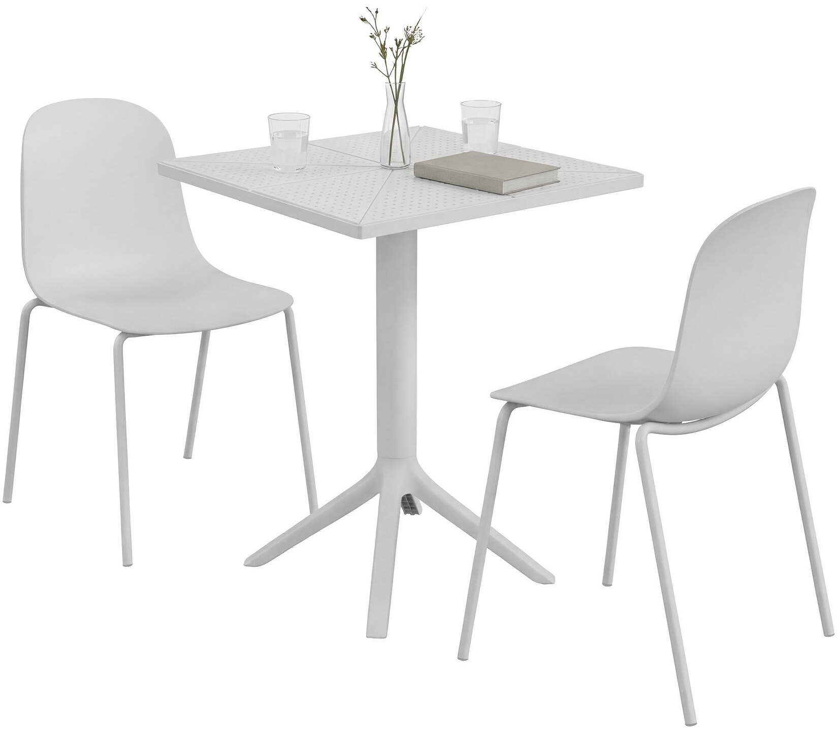 CLP Gartenmöbel-Set wetterfest Nerra, 2 Stapelstühle und quadratischer Gartentisch, ergonomisch, 3-teilige Sitzgruppe stapelbar