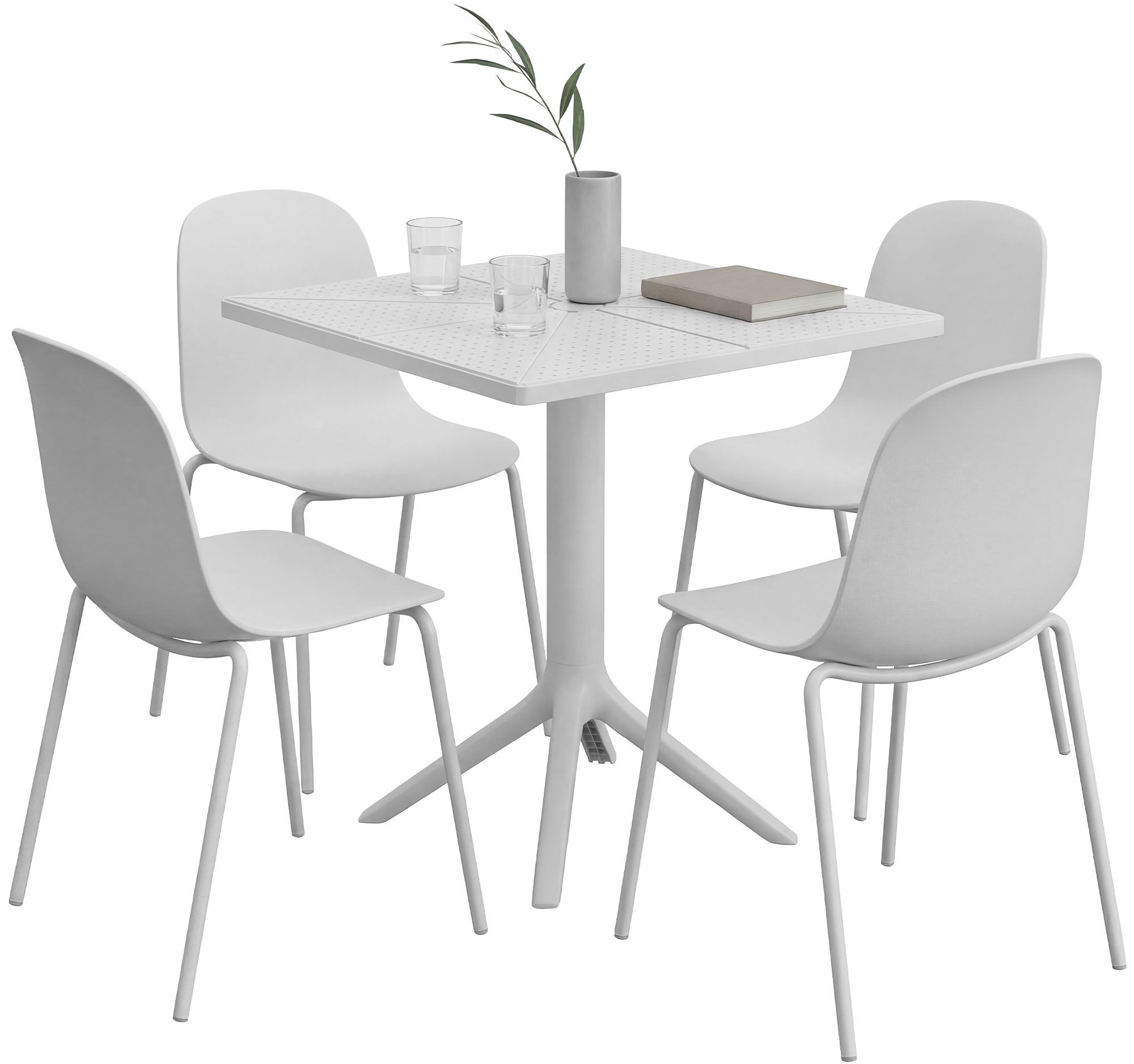CLP Gartenm&ouml;bel-Set wetterfest Nerra, 4 Stapelst&uuml;hle und quadratischer Gartentisch, ergonomisch, 5-teilige Sitzgruppe stapelbar 