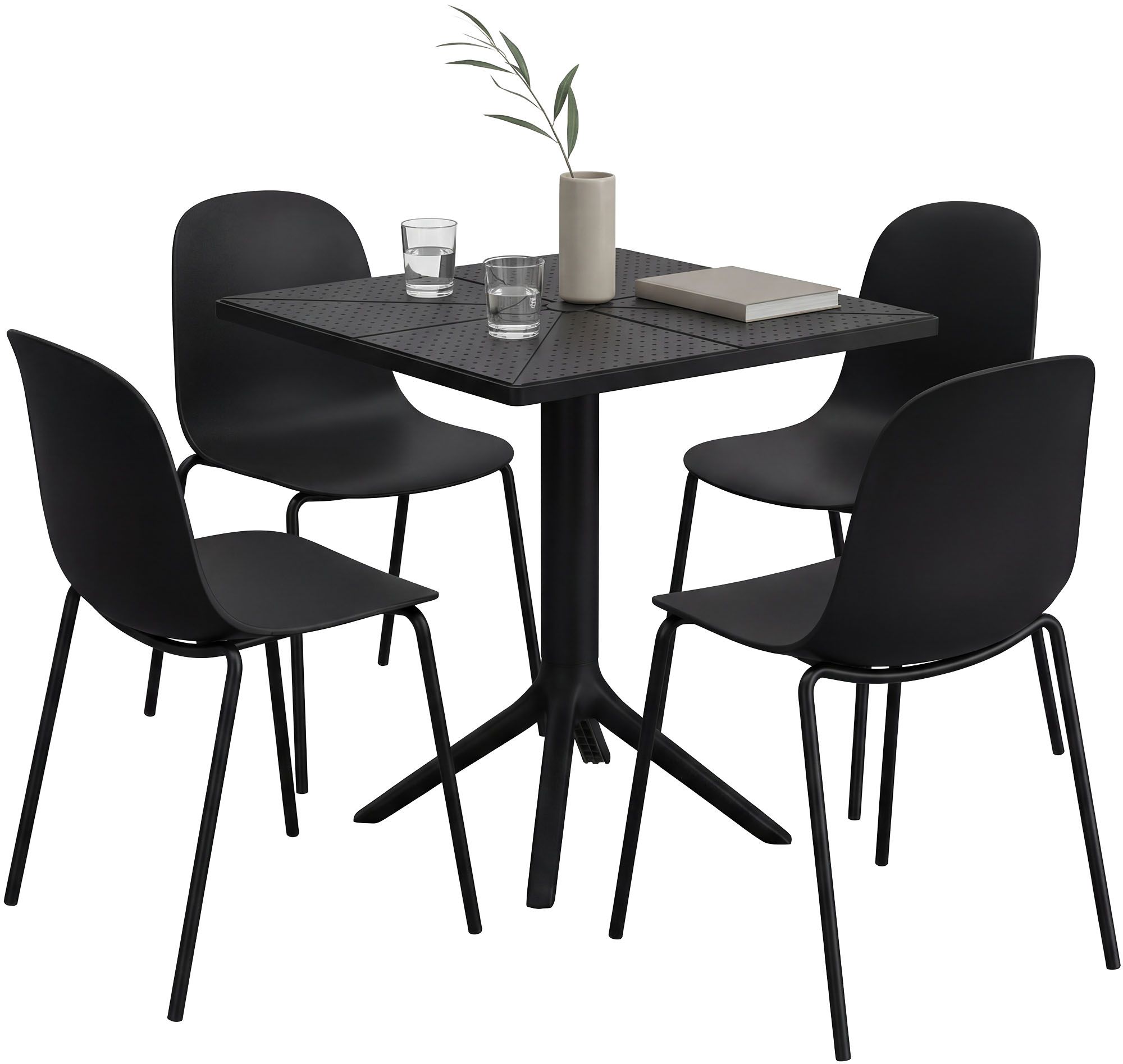 CLP Gartenm&ouml;bel-Set wetterfest Nerra, 4 Stapelst&uuml;hle und quadratischer Gartentisch, ergonomisch, 5-teilige Sitzgruppe stapelbar 