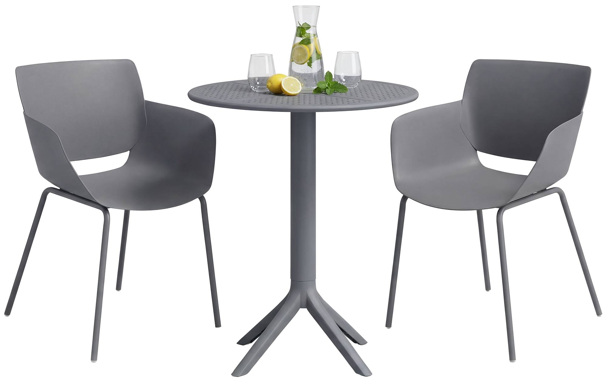 CLP Gartenm&ouml;bel-Set wetterfest Siora, 2 Bistrost&uuml;hle und Esstisch rund 60 cm, Sitzgruppe f&uuml;r Balkon, Terrasse und Garten 