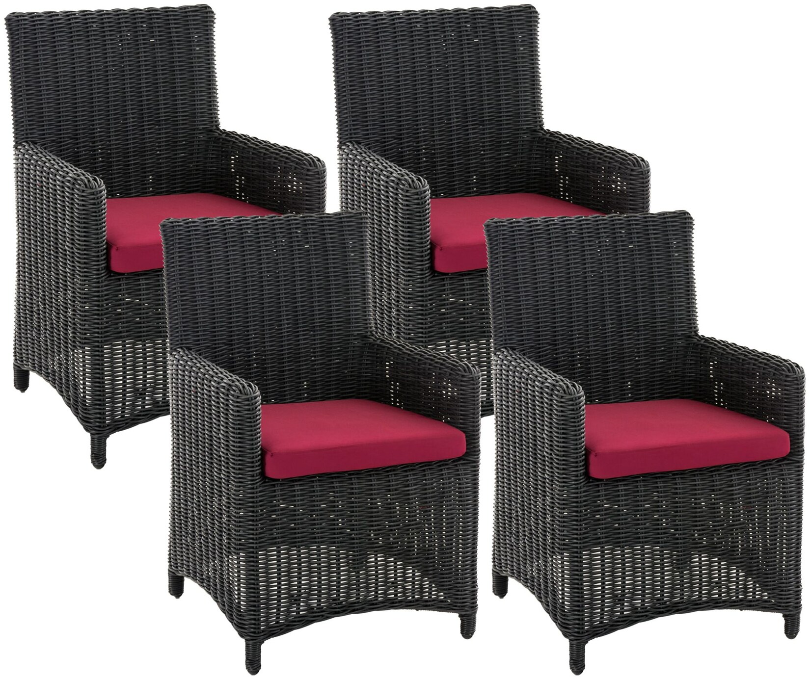 CLP Gartenstuhl 4er Set Fontana, Polyrattan Gartenstühle, Hochlehner mit Sitzkissen, Wetterfeste Garten-Sessel mit Armlehnen, Outdoor …