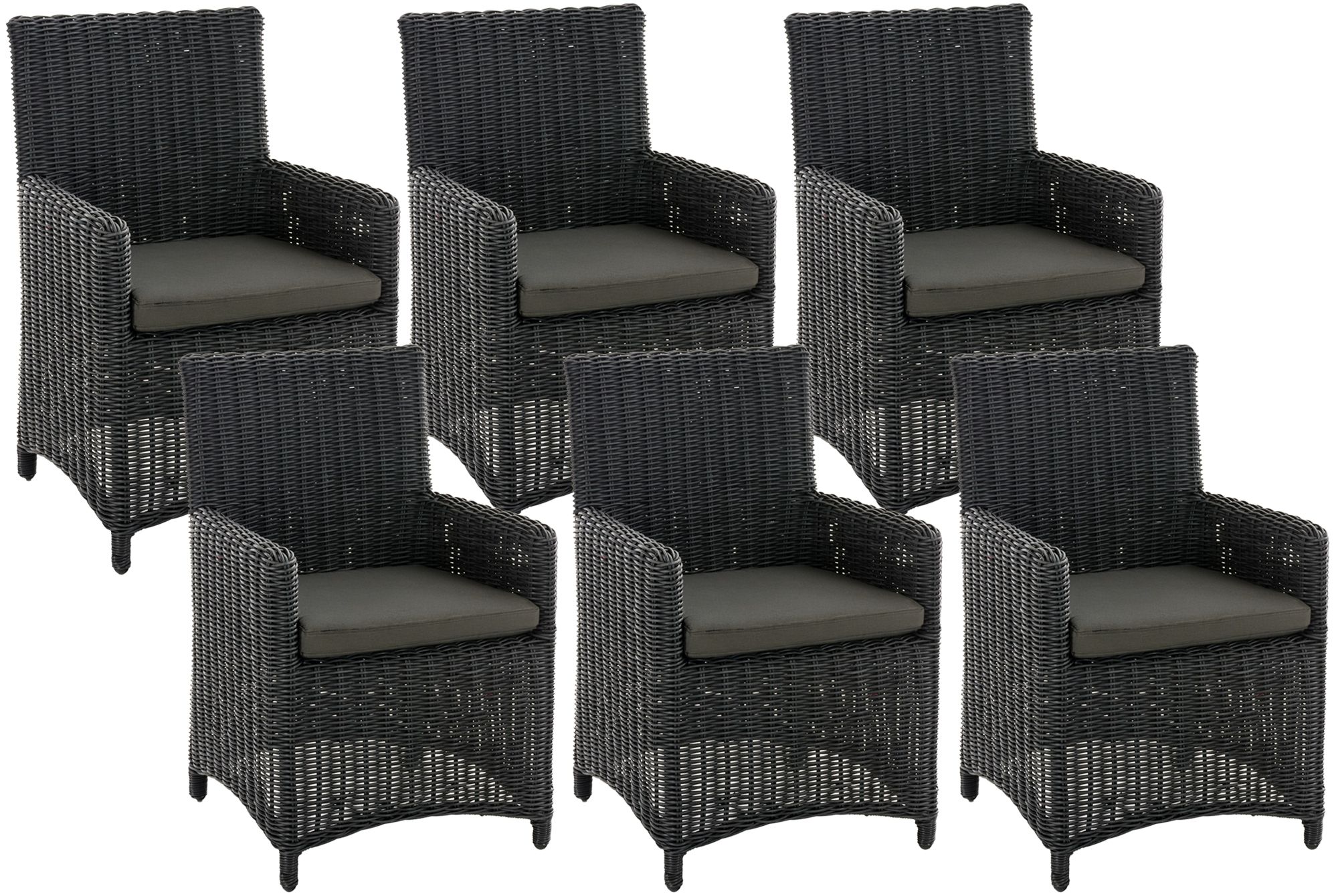 CLP Gartenstuhl 6er Set Fontana, Polyrattan Gartenst&uuml;hle, Hochlehner mit Sitzkissen, Wetterfeste Garten-Sessel mit Armlehnen, Outdoor Stuhlset 