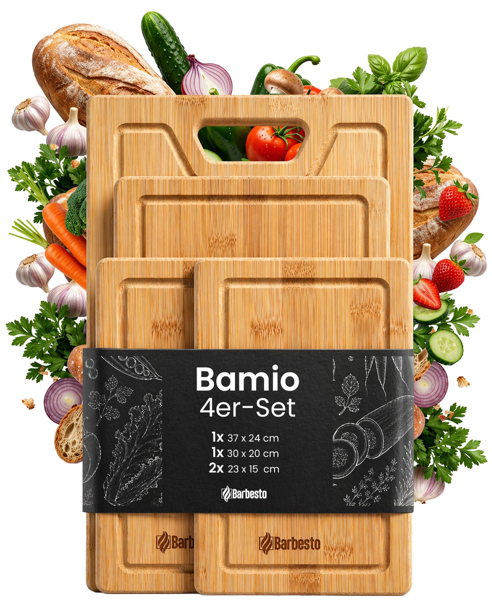 CLP Schneidebrett Bambus-Holz 4er Set Bamio, messerschonend und antibakteriell, extradicke Servierbretter mit Saftrille 