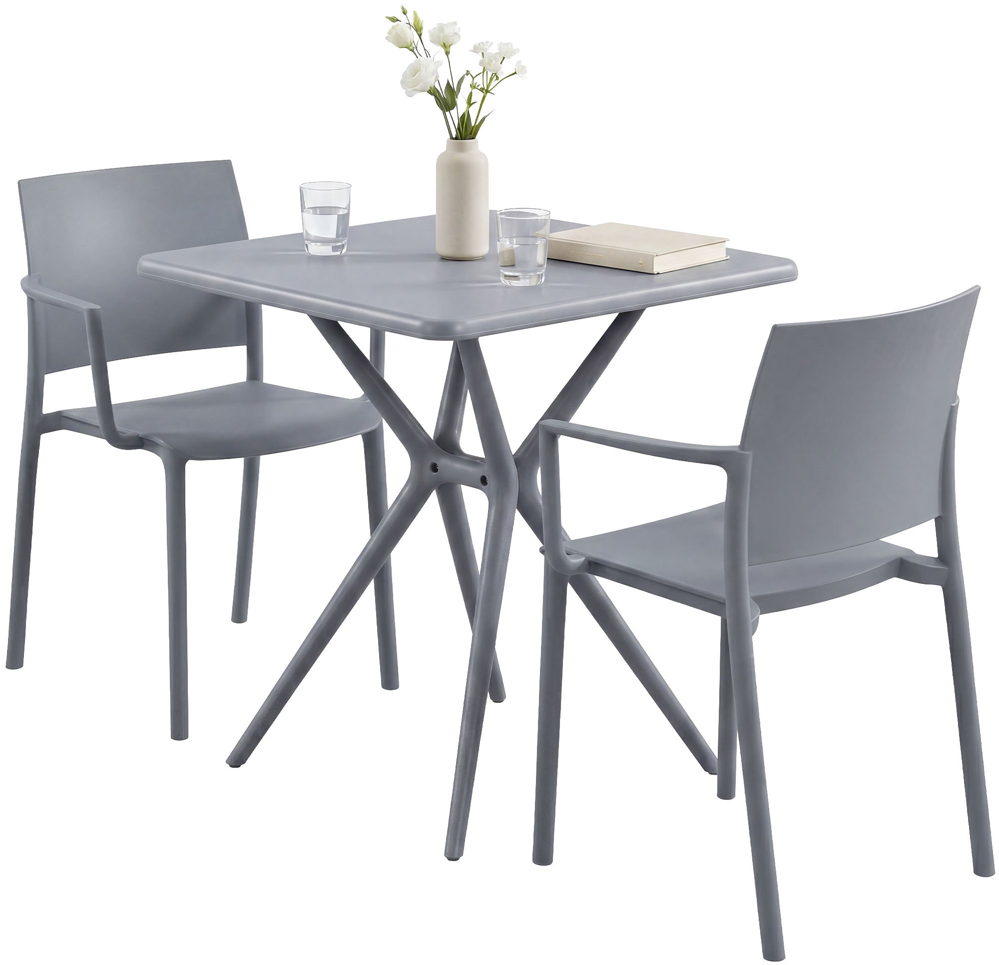 CLP Gartenm&ouml;bel-Set wetterfest Pula, 2 Stapelst&uuml;hle und quadratischer Bistrotisch, Sitzgruppe aus Kunststoff f&uuml;r Balkon, Terrasse und Garten 
