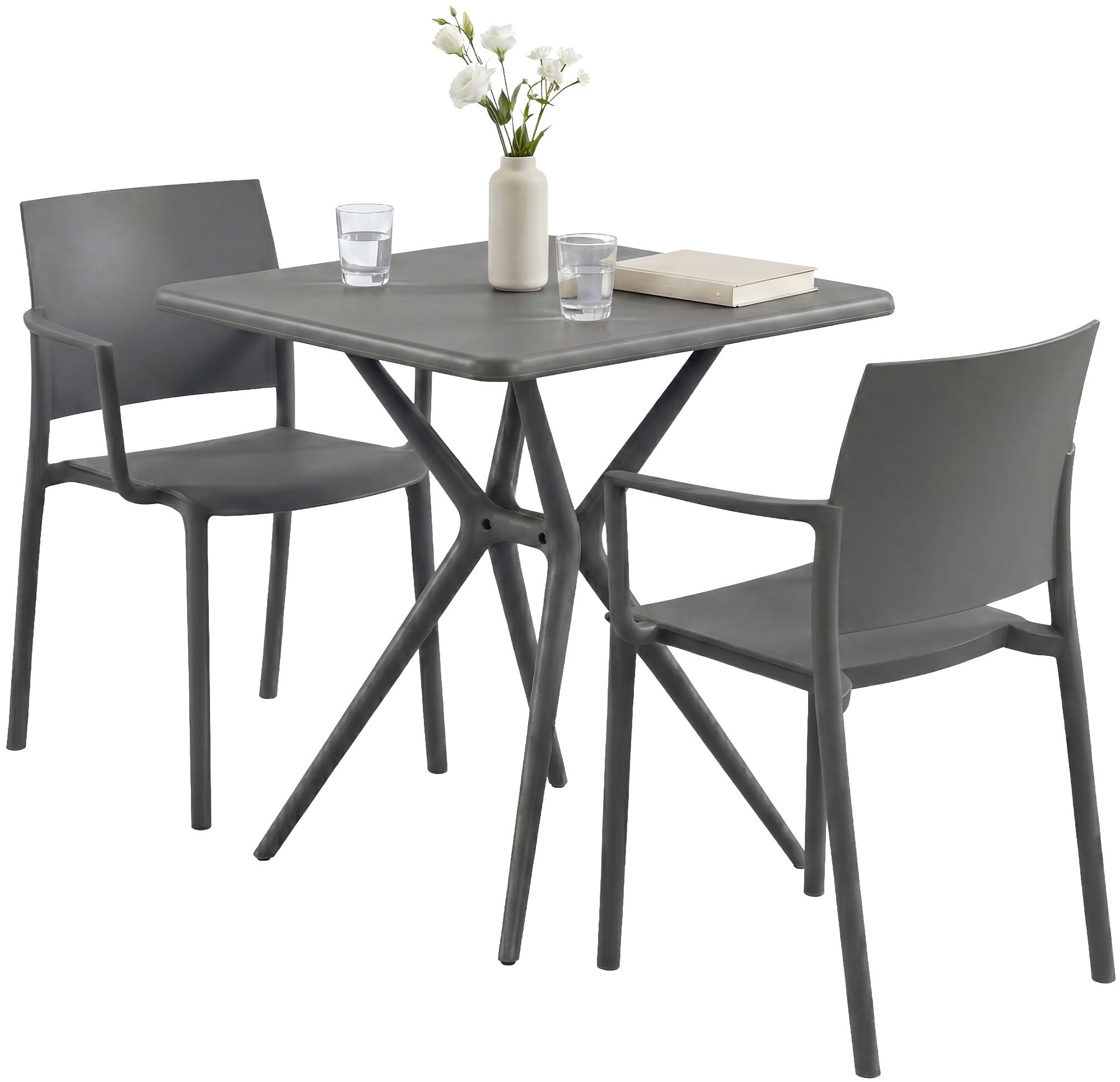CLP Gartenm&ouml;bel-Set wetterfest Pula, 2 Stapelst&uuml;hle und quadratischer Bistrotisch, Sitzgruppe aus Kunststoff f&uuml;r Balkon, Terrasse und Garten 