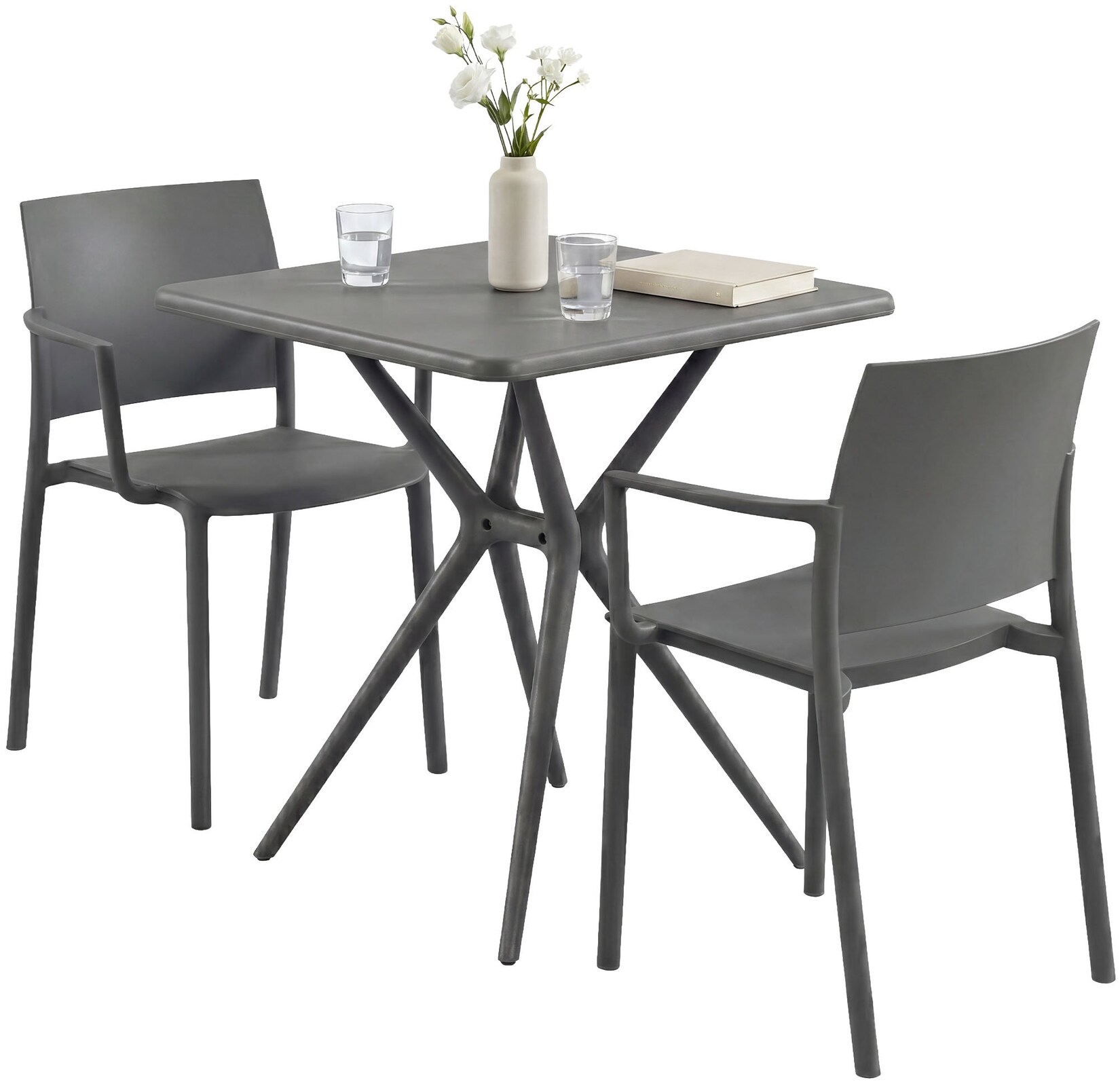 CLP Gartenmöbel-Set wetterfest Pula, 2 Stapelstühle und quadratischer Bistrotisch, Sitzgruppe aus Kunststoff für Balkon, Terrasse und Garten
