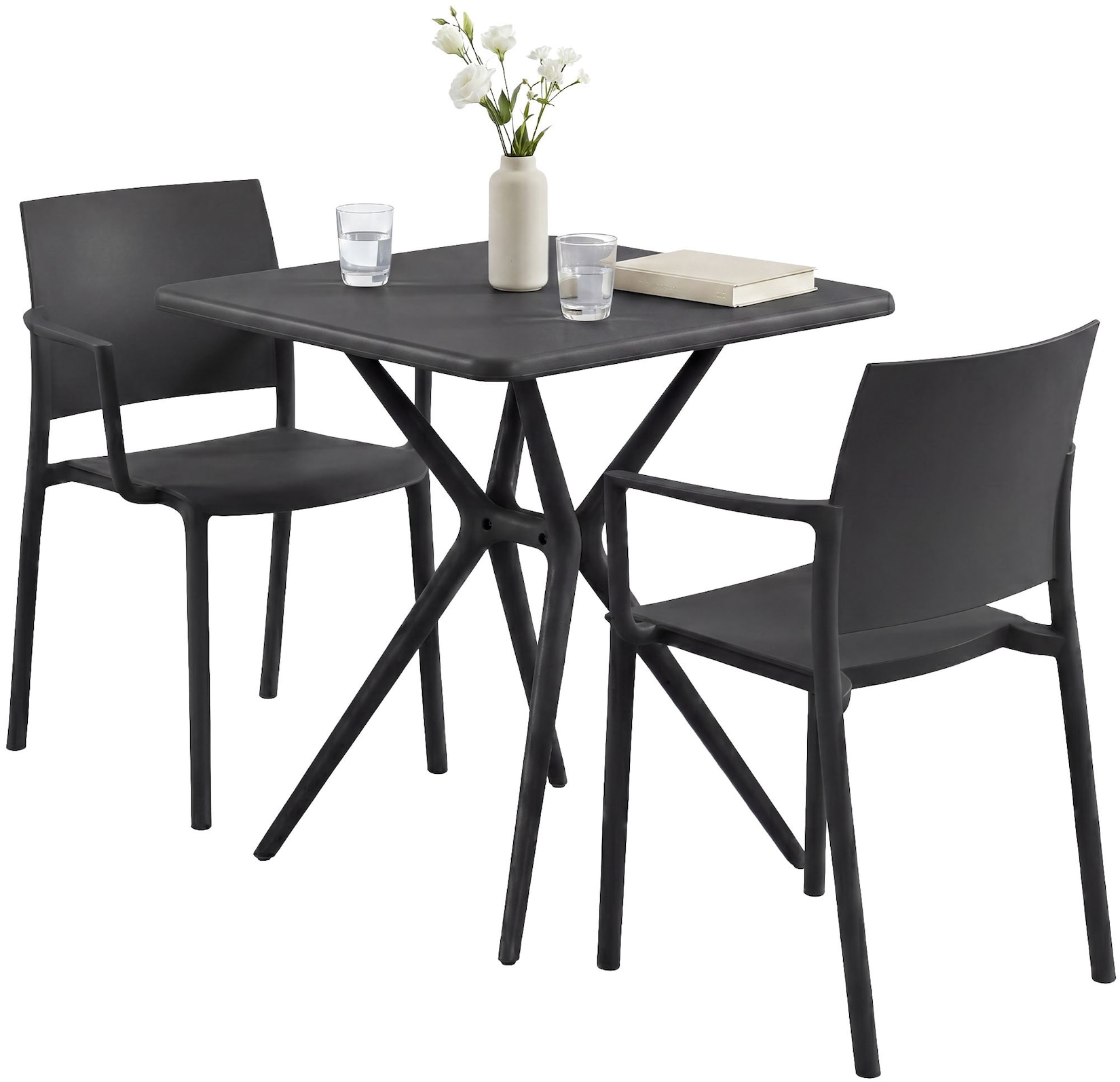 CLP Gartenmöbel-Set wetterfest Pula, 2 Stapelstühle und quadratischer Bistrotisch, Sitzgruppe aus Kunststoff für Balkon, Terrasse und Garten