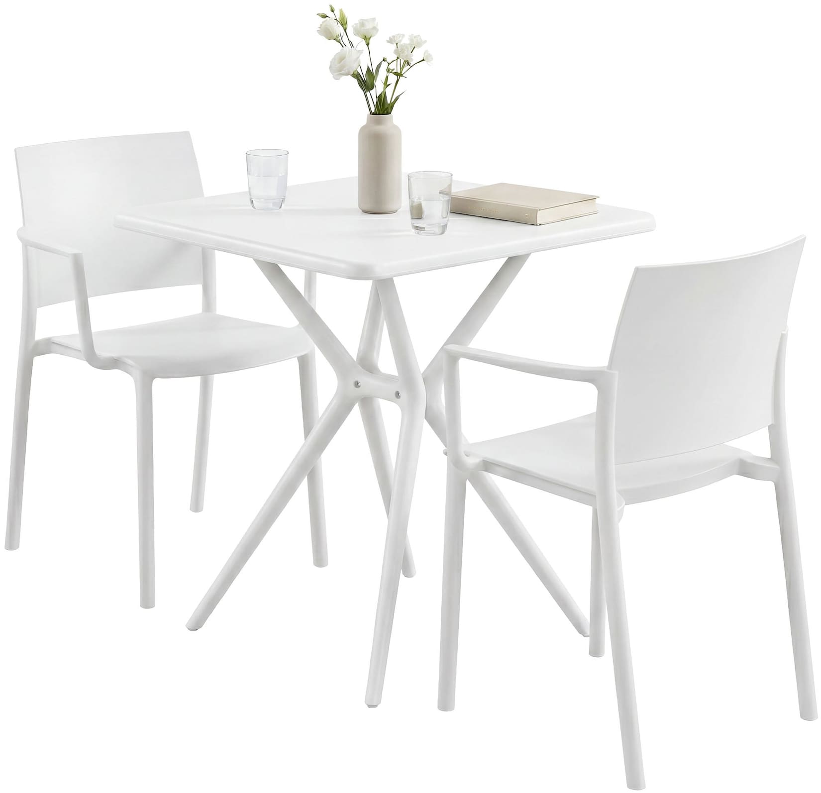 CLP Gartenmöbel-Set wetterfest Pula, 2 Stapelstühle und quadratischer Bistrotisch, Sitzgruppe aus Kunststoff für Balkon, Terrasse und Garten