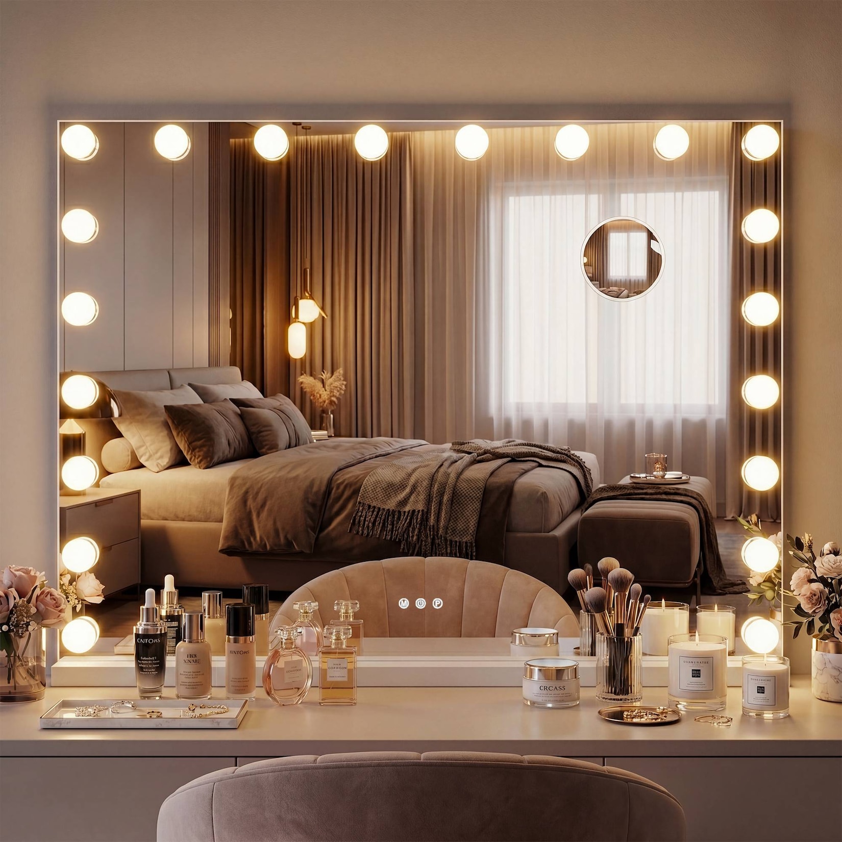 CLP Schminkspiegel mit Beleuchtung 80x60 cm Norlina, Kosmetikspiegel Licht dimmbar 3 Modi und USB, Hollywoodspiegel Wandmontage und freistehend