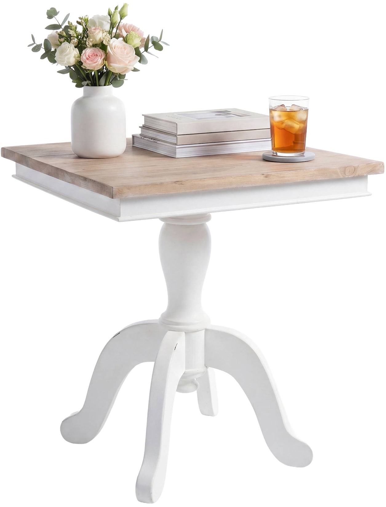 CLP Beistelltisch Holz quadratisch Lorne, Couchtisch mit Mindiholz-Platte und geschwungenen Shabby Chic Beinen, Sofatisch im Landhausstil