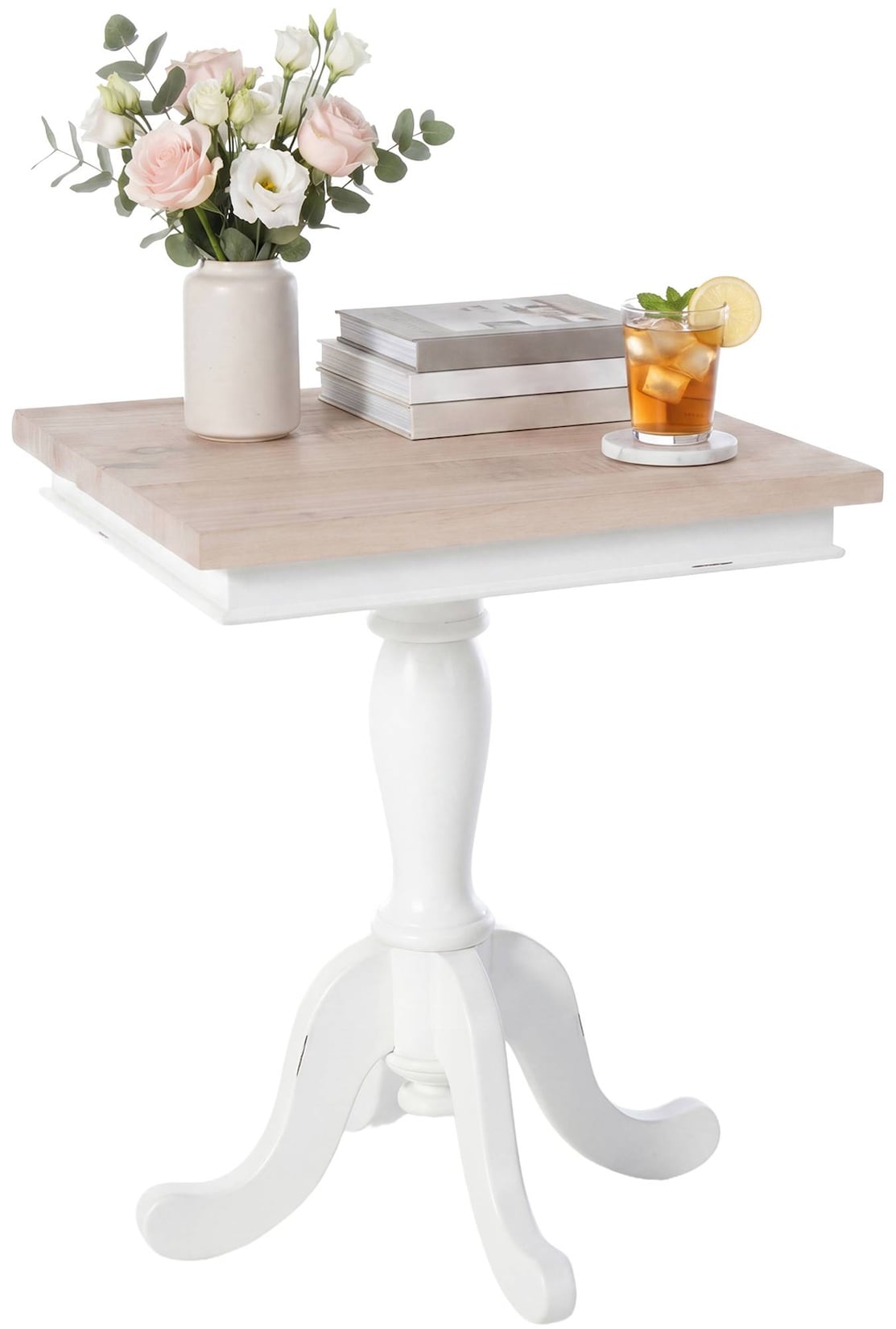 CLP Beistelltisch Holz quadratisch Lorne, Couchtisch mit Mindiholz-Platte und geschwungenen Shabby Chic Beinen, Sofatisch im Landhausstil