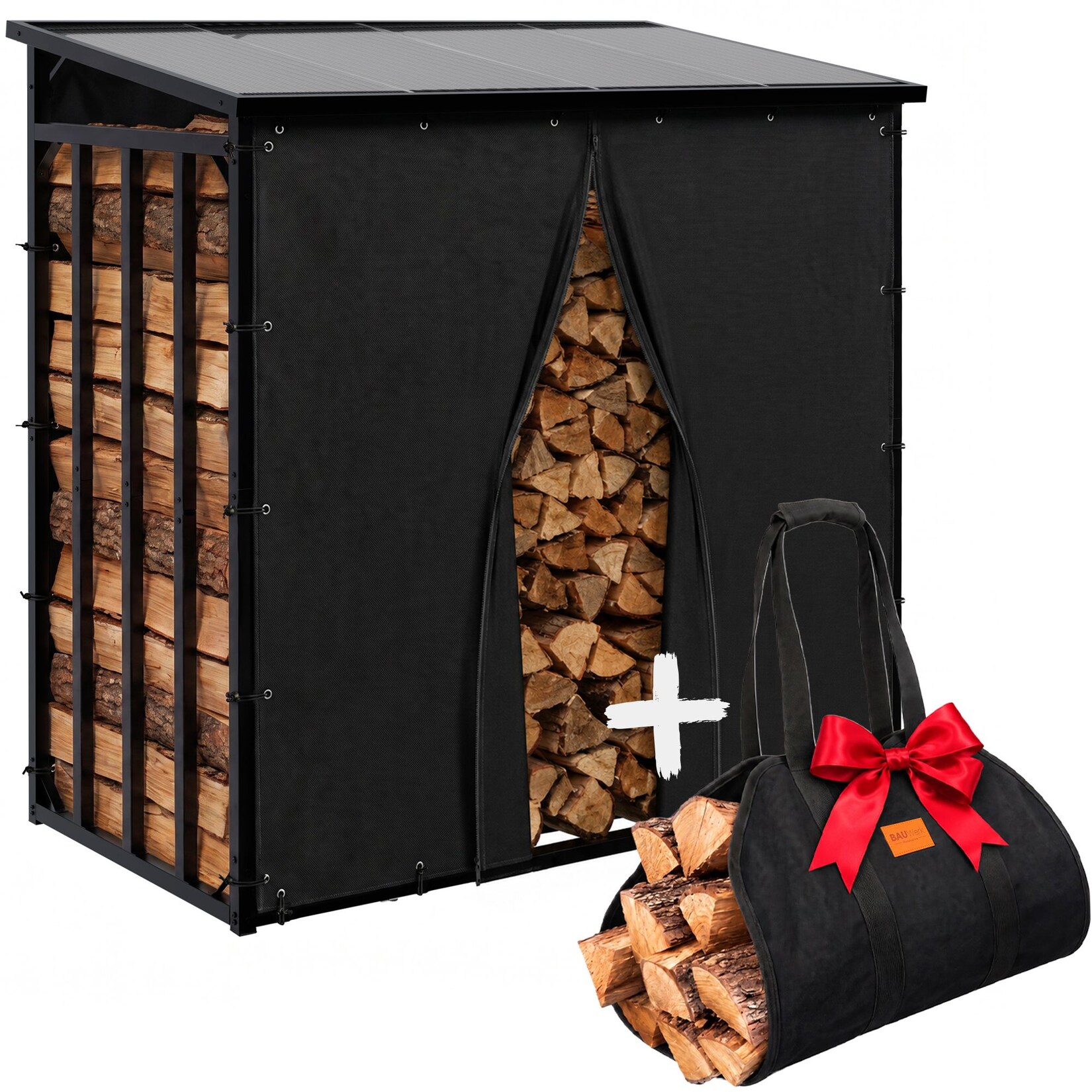 CLP Kaminholzständer außen 189x100x187 cm Desmond, Brennholzlager aus Stahl, Planen aus 600D-Polyester, Holztragetasche als Geschenk