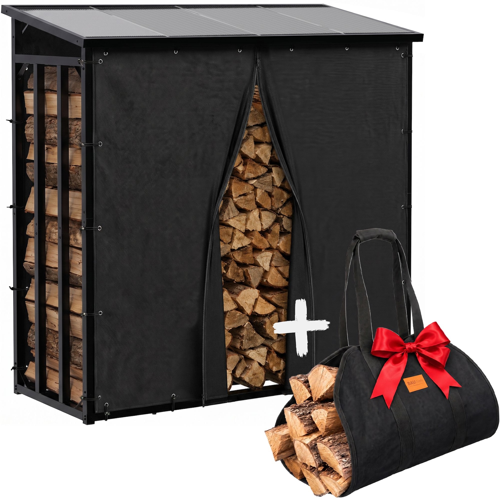 CLP Kaminholzständer außen 189x71x187 cm Redford, Brennholzlager aus Stahl, Planen aus 600D-Polyester, Holztragetasche als Geschenk