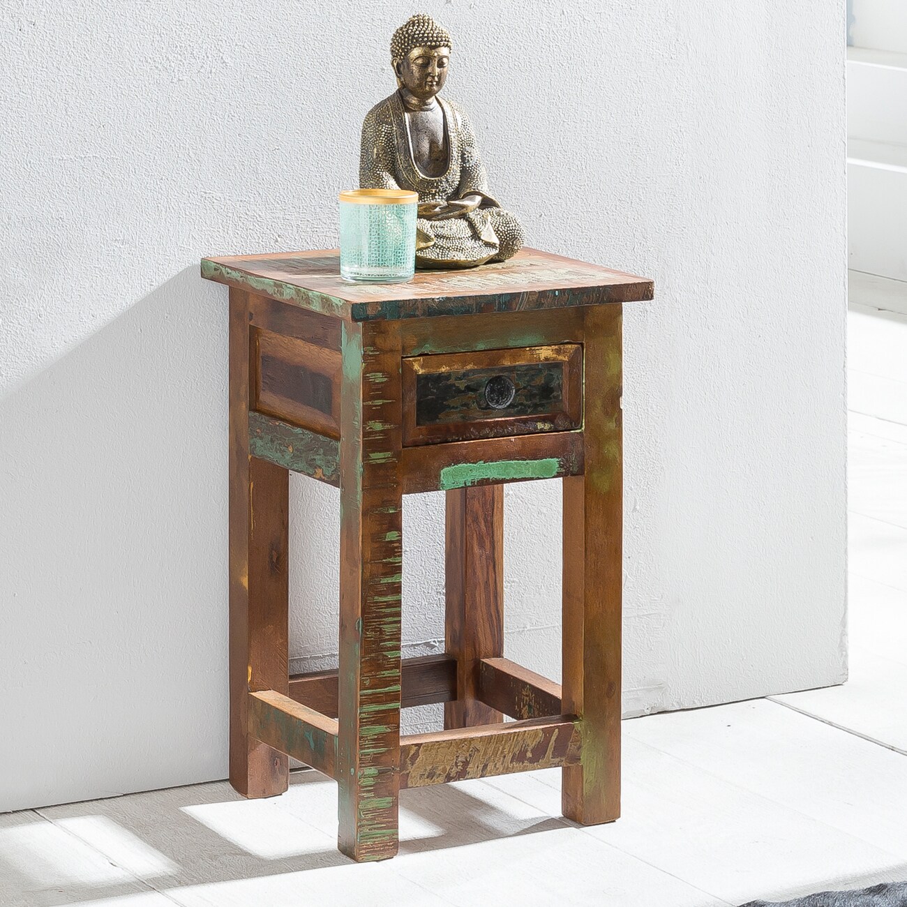 FineBuy Beistelltisch 50 cm Nachttisch Schublade Massiv Holztisch Nachtkonsole 