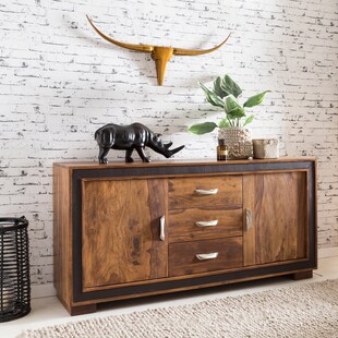 Massivholz Sideboard 160cm Sheesham Kommode mit 2 Türen & 3 Schubladen aufwendige Lederumrandung 