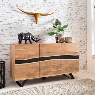 Massivholz Sideboard 150cm Akazie Natur Kommode mit 3 Türen Baumkante Metall schwarz 